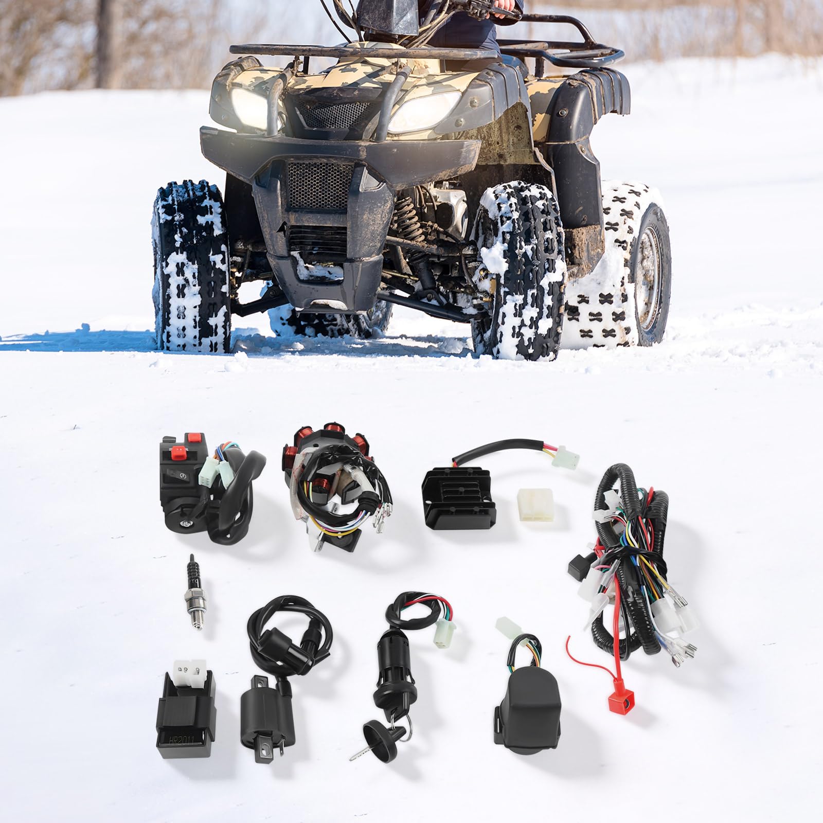 Zestaw wiązki przewodów ATV do silników 4-suwowych 125-250 cm³, kompletny zestaw elektryczny z cewką zapłonową, CDI i stojanem, przewód miedziany i wodoodporny przełącznik, bezpośredni montaż