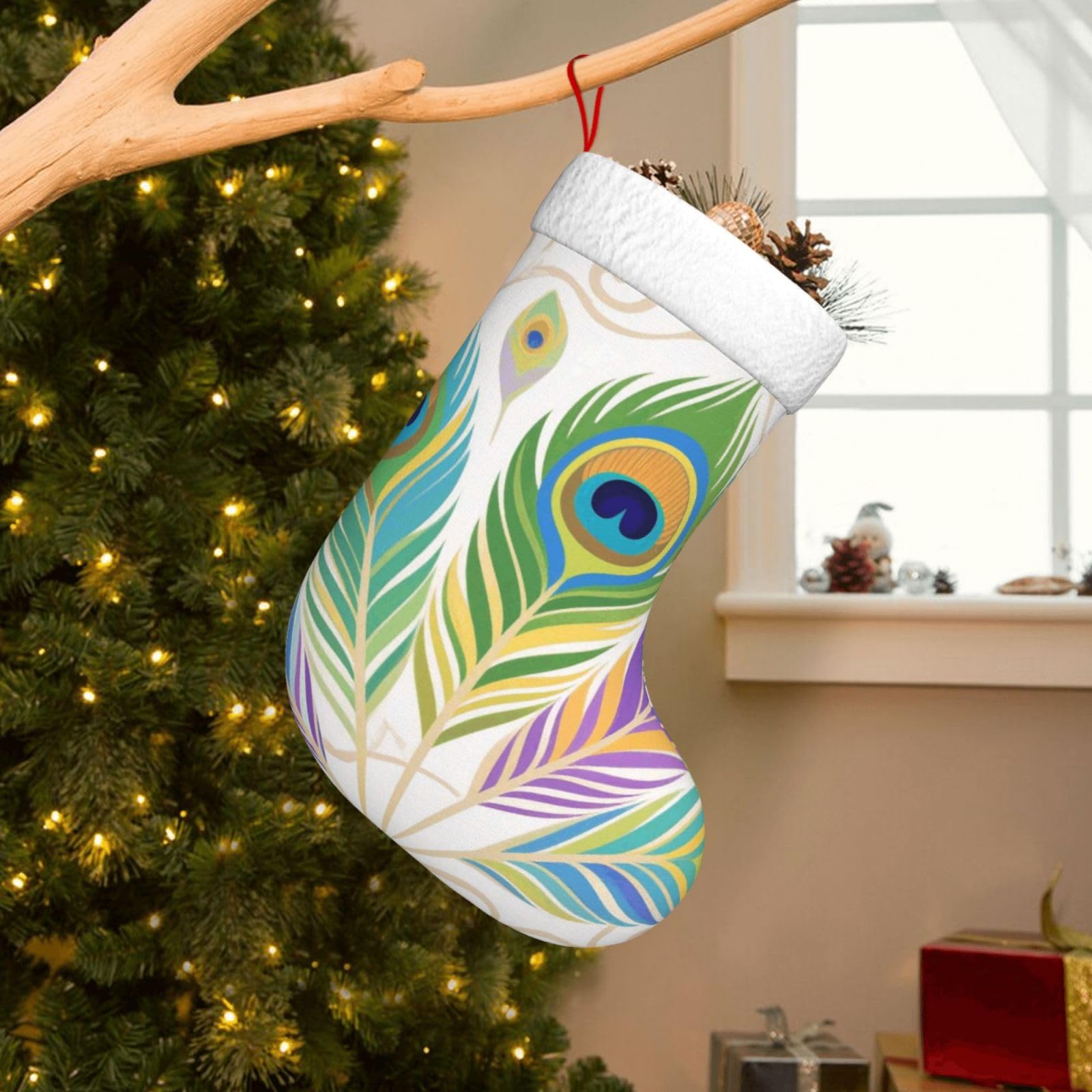 Velvet Christmas Stockings 17.7 Inch, Peacock Feather Xmas Stocking with Soft Cuff,Classic Personalized Christmas Tree Decoration for Family Holiday New Year Party Supplies