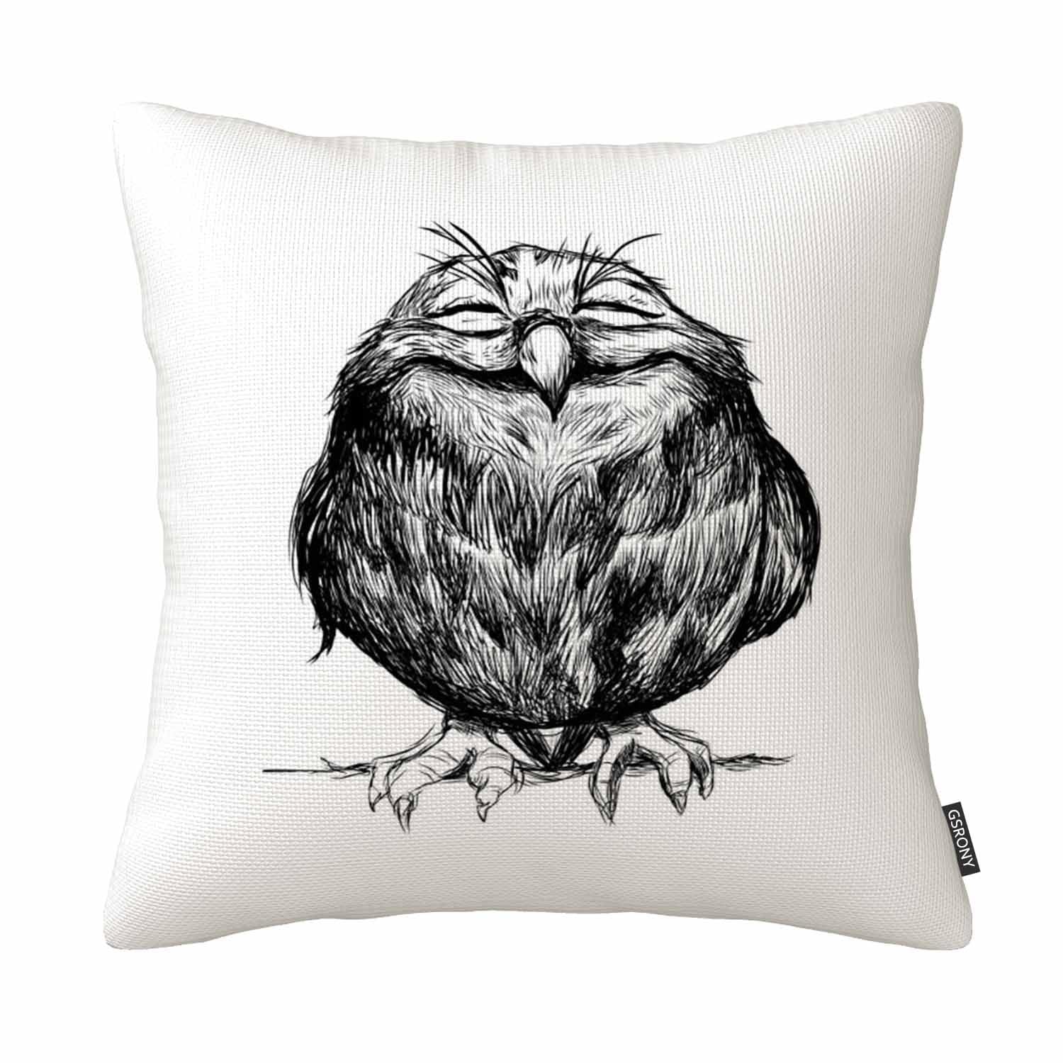 Gsrony Teal Whimsical Black White Animal Throw Pillow Covers,Cute Sketchy Sleepy Owl Cotton Linen Decorative Cushion Case 18X18 Inch For Living Room Bedroom Home Decor