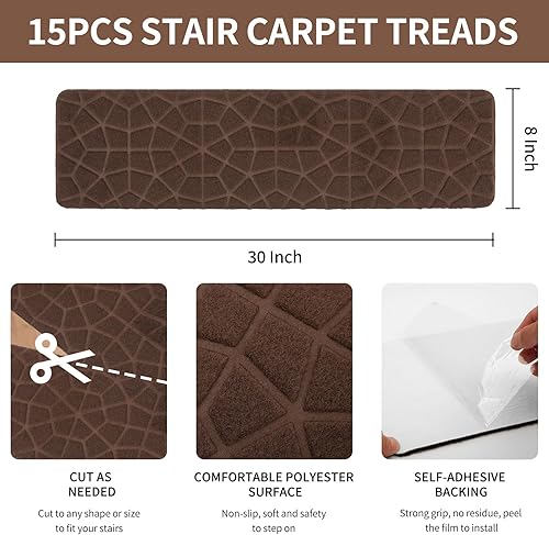 Miniatura 2 de JOYDREAM Alfombras antideslizantes para peldaños de madera, alfombras para escaleras interiores, peldaños y pegas, paquete de 15 fundas para