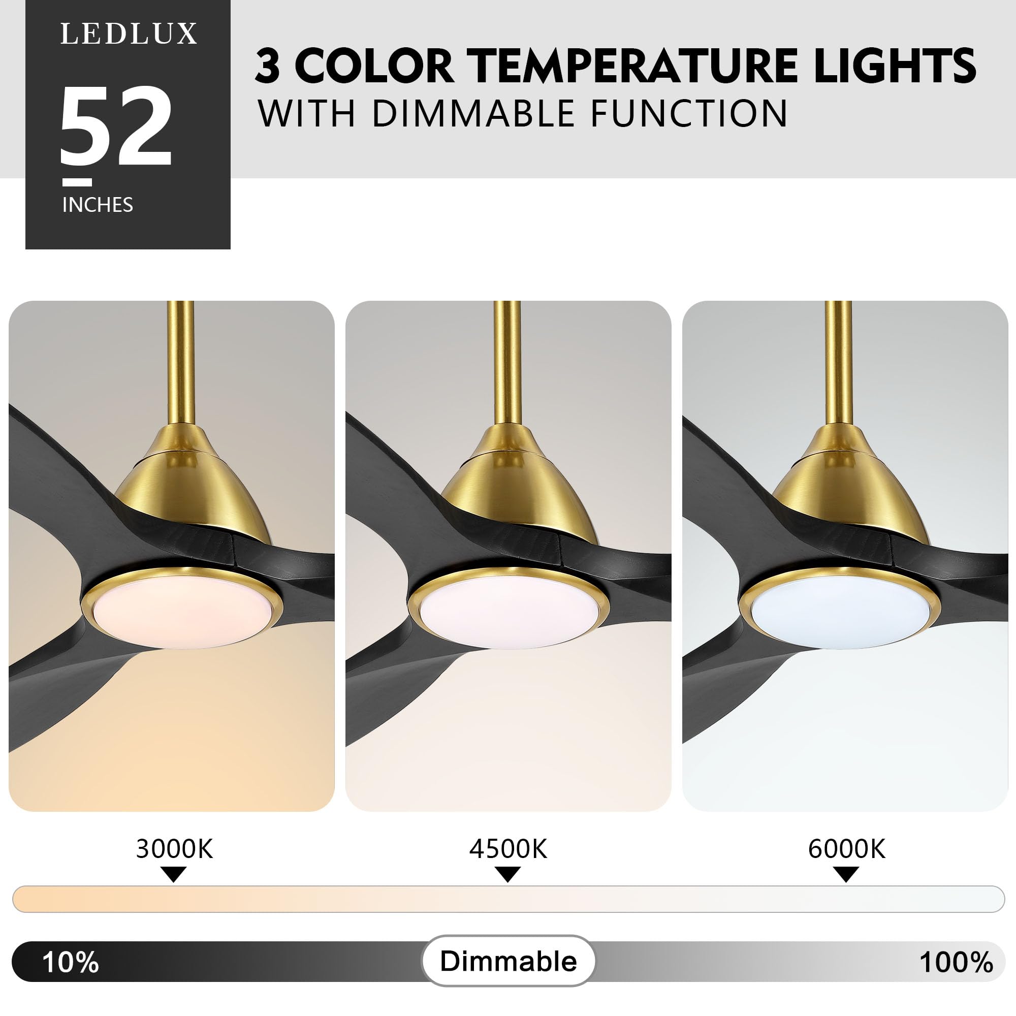 LEDLUX 52" Ceiling Fan with Light, 6-Speed Remote/APP Control, Modern Smart Dimmable LED Light, Reversible DC Motor, 3 Solid Wood Blades, Compatible with Alexa and APP Bedroom Living Room Gold/Black