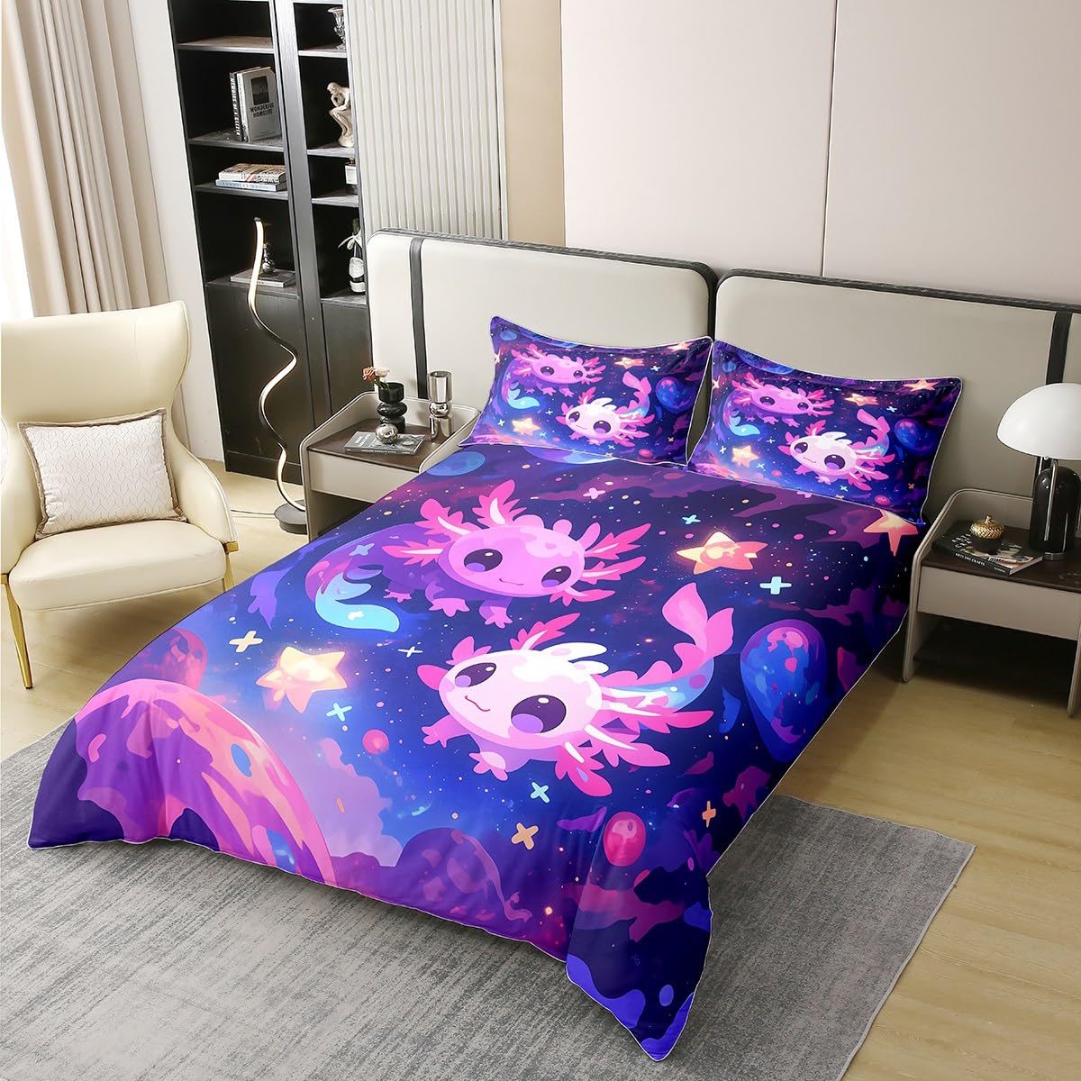 Homewish Dziewczęca poszewka na kołdrę Axolotl podwójna fioletowa galaktyka planeta bawełna zestaw pościeli kreskówka marzycielskie gwiaździste niebo poszewka na kołdrę dorośli urocze kosmiczne
