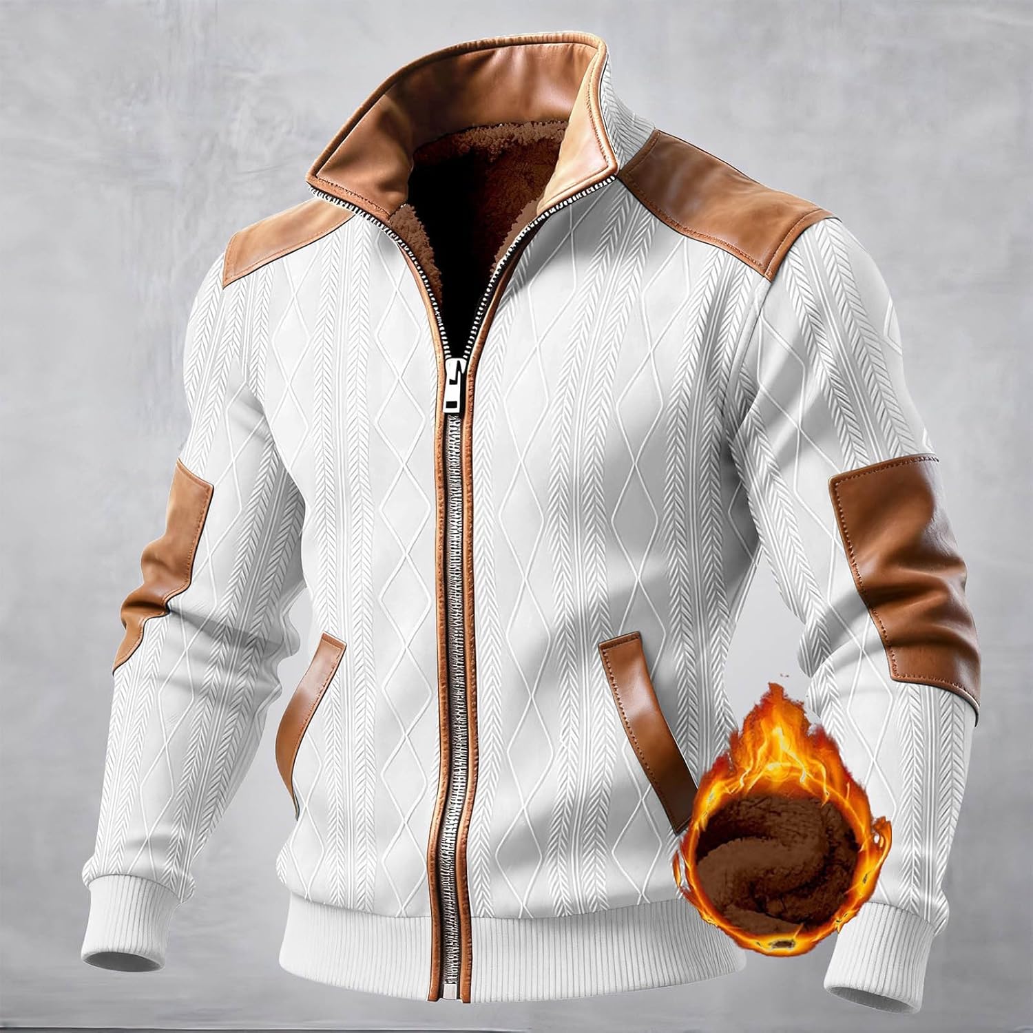 Fleece Jacket Men Jacquard Textured Full Zip Bomber Jackets Patchwork Stand Collar Color Block Coat for Casual Wear