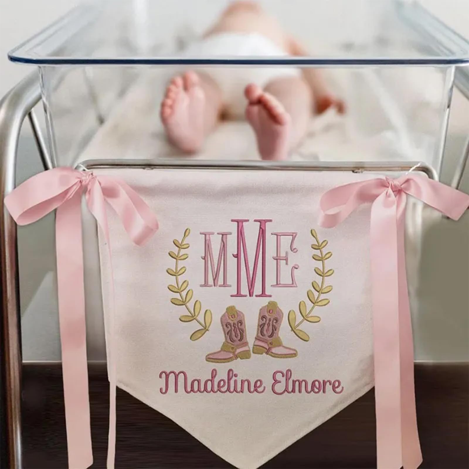 Personalized Baby Banner with Bows, Welcome Banner, Hospital Door Sign, Custom Baby Shower Decoration, Canvas Hanging Pennant Flag Baby Banner (Style 4)