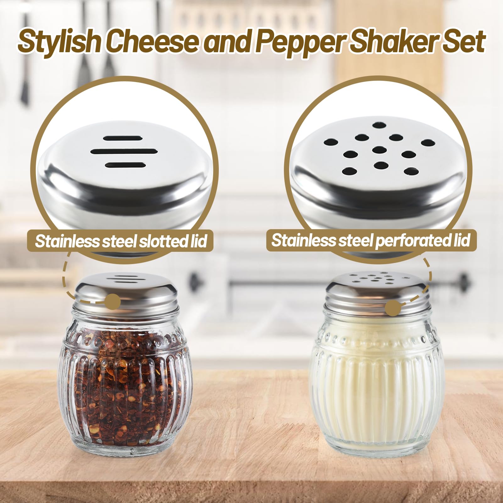 Pimentero de cristal con parte superior de acero inoxidable perforado, coctelera de queso con parte superior ranurada de acero inoxidable, juego de 2 (transparente)