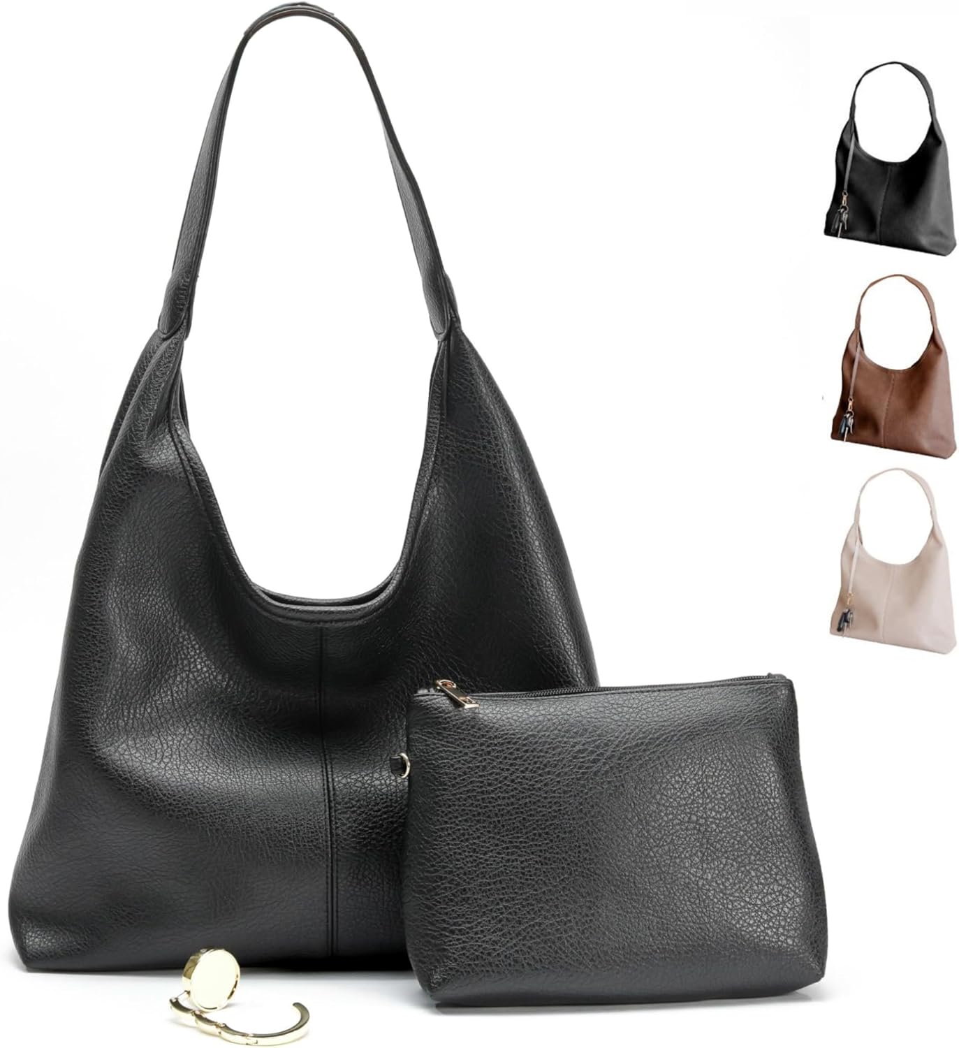 Cee & Dee Vegan Leather Hobo Bag, Slouchy Style with Shoulder Strap, Zippered Compartments, Table Purse Holder, Cosmetics Bag
