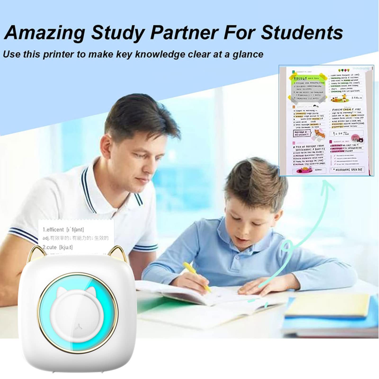 JAOCDOEN Mini Printer Mini Photo Printer Portable Inkless Adhesive Rechargeable 200DPI High Resolution Thermal Printer (White)