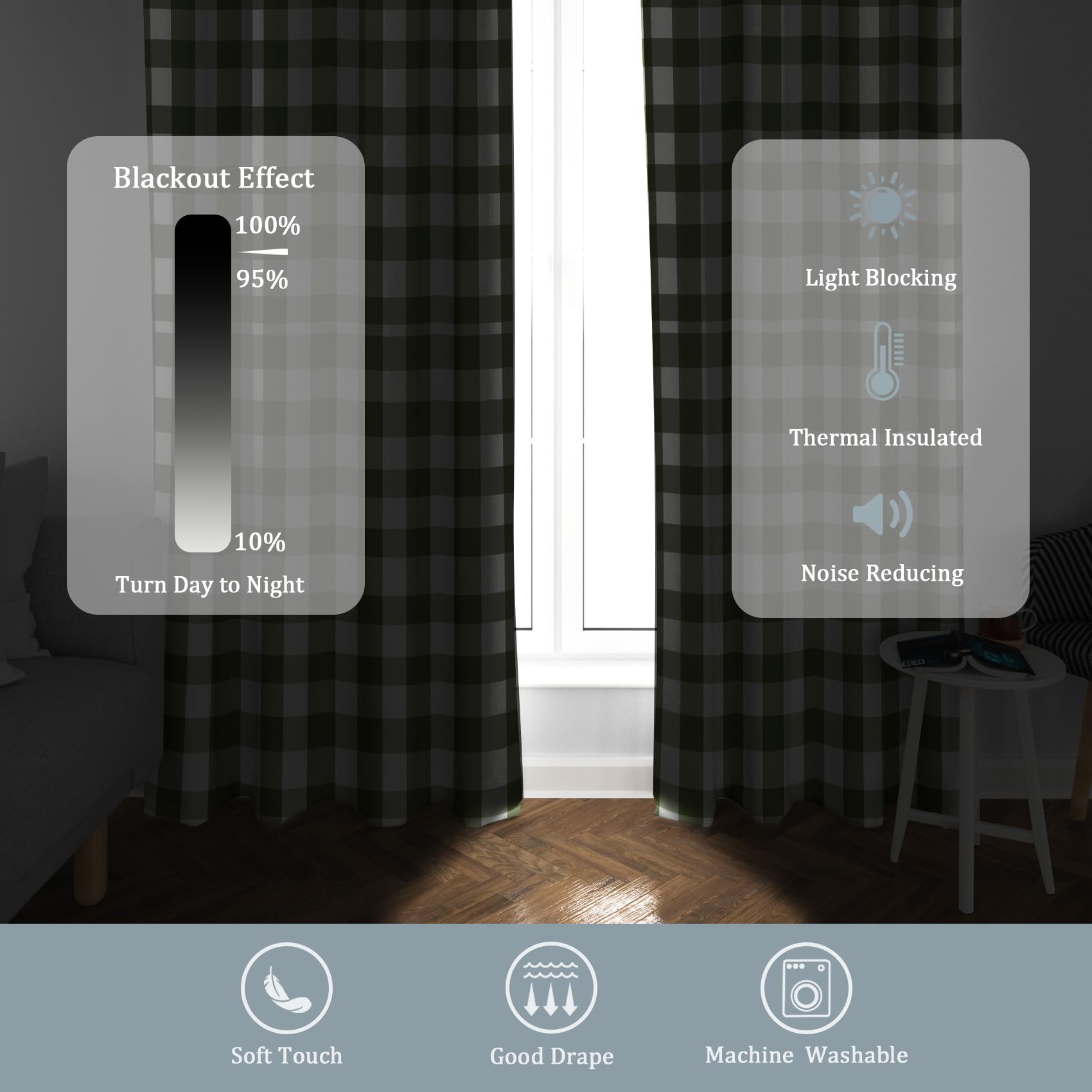 Kariert Grün Vorhänge Mit ösen Blickdicht, Olivgrün Tartan Vorhang Schlafzimmer Wohnzimmer Küche 110 x 215 cm Lang, Übergardinen Innen Verdunklungsvorhänge