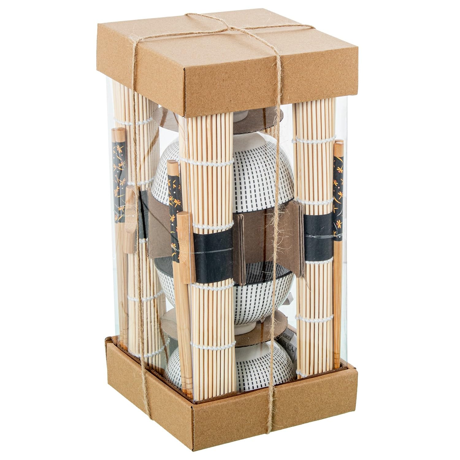 Set de sushi de 4 cuencos con palillos y salvamantel de porcelana y madera en blanco, azul y natural 12x12x6 cm
