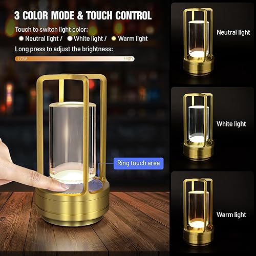 Miniatura 2 de Lámpara de mesa inalámbrica para interiores y exteriores, lámpara de escritorio de metal portátil, lámpara LED recargable de cristal, toque de