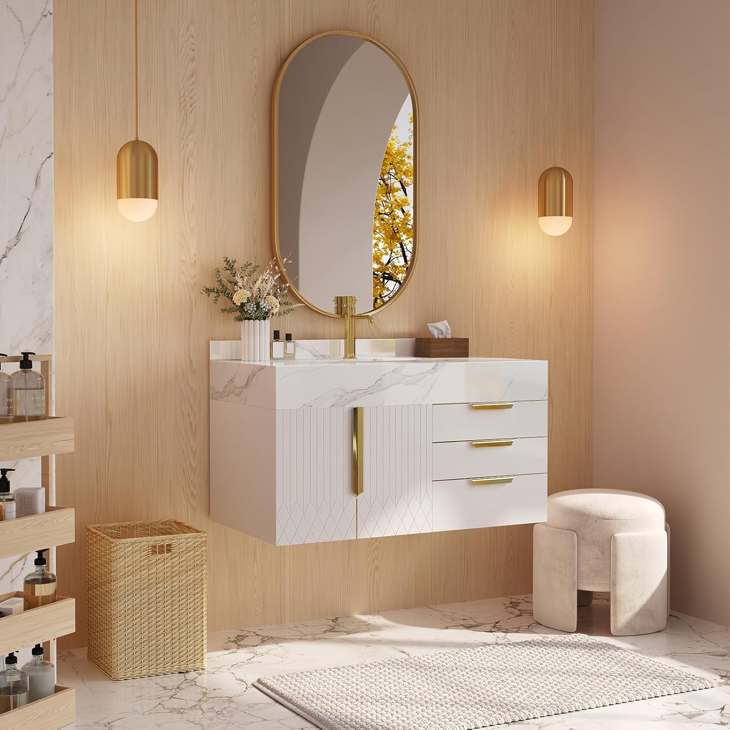 Bathroom Vanity with Sink, Modern Bathroom Vanity with Faux Marble Top, Gold Hardware & Soft-Close Drawers for Bathroom Storage (35.4 Inch, White, Single Sink & Floating)