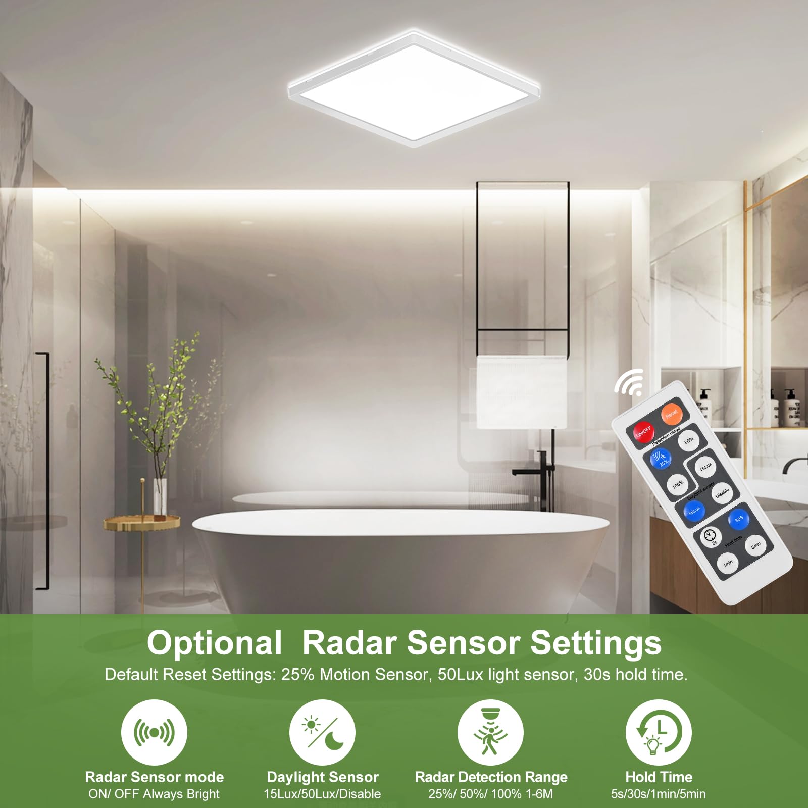 LEZOE 2PCS Lámpara LED de techo con detector de movimiento, 18W 1800 lm, radar, sensor de movimiento, 3000K/4000K/6500K lámpara con sensor para baño, garaje, escaleras, sótano 22X22X2.5CM