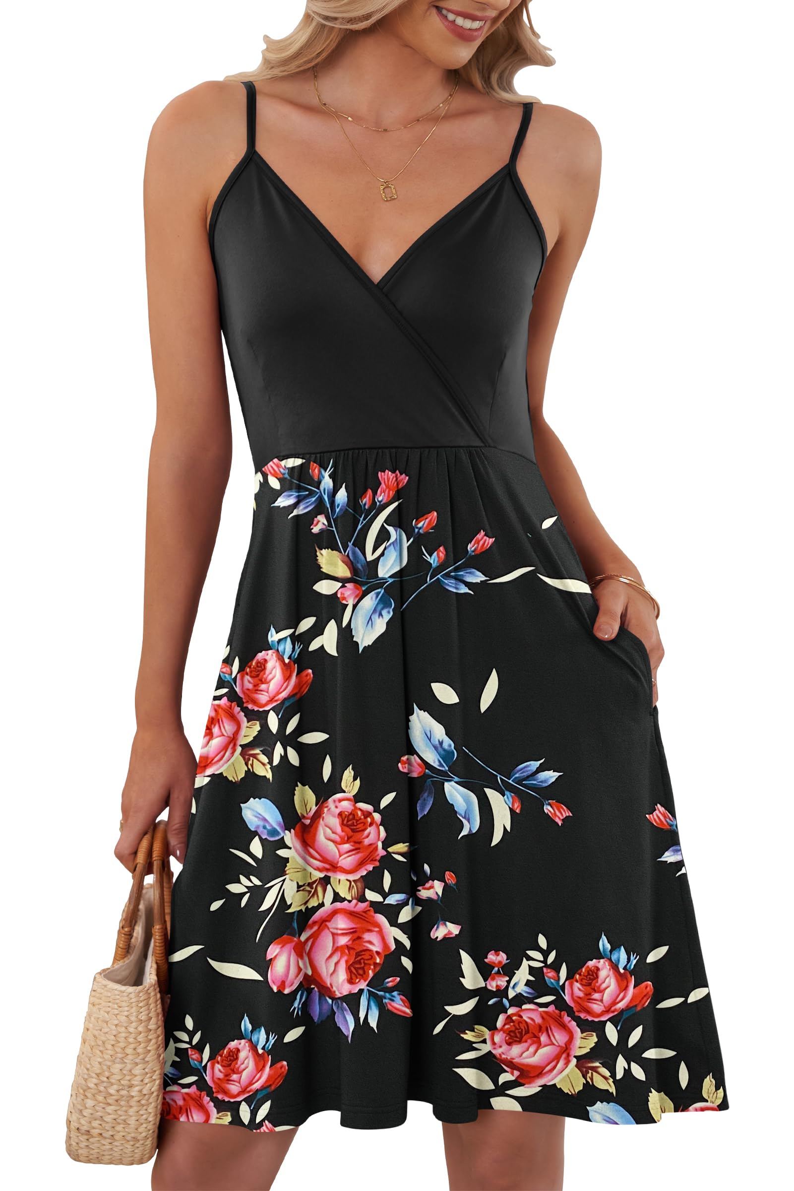 AUSELILY Women's Summer Casual Swing Sleeveless V Neck Dresses with Pockets Black Rose Black XL