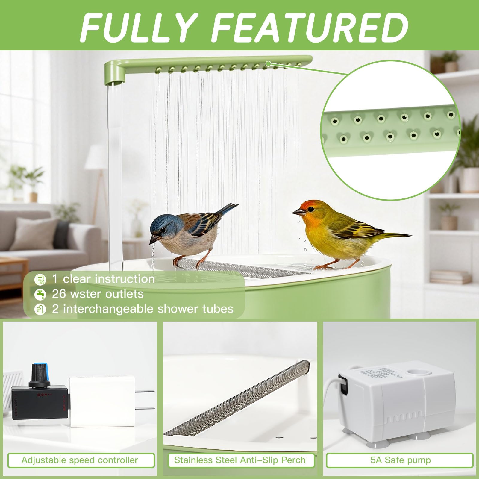 Automatic Parakeet Bird Bath for Cage Large Parrot Shower Bath with Adjustable Water Flow Bird Shower Fountain Indoor Bathtub Stainless Perch Bird Cage Accessory for Birds Cockatiel Conure Budgie - image 3