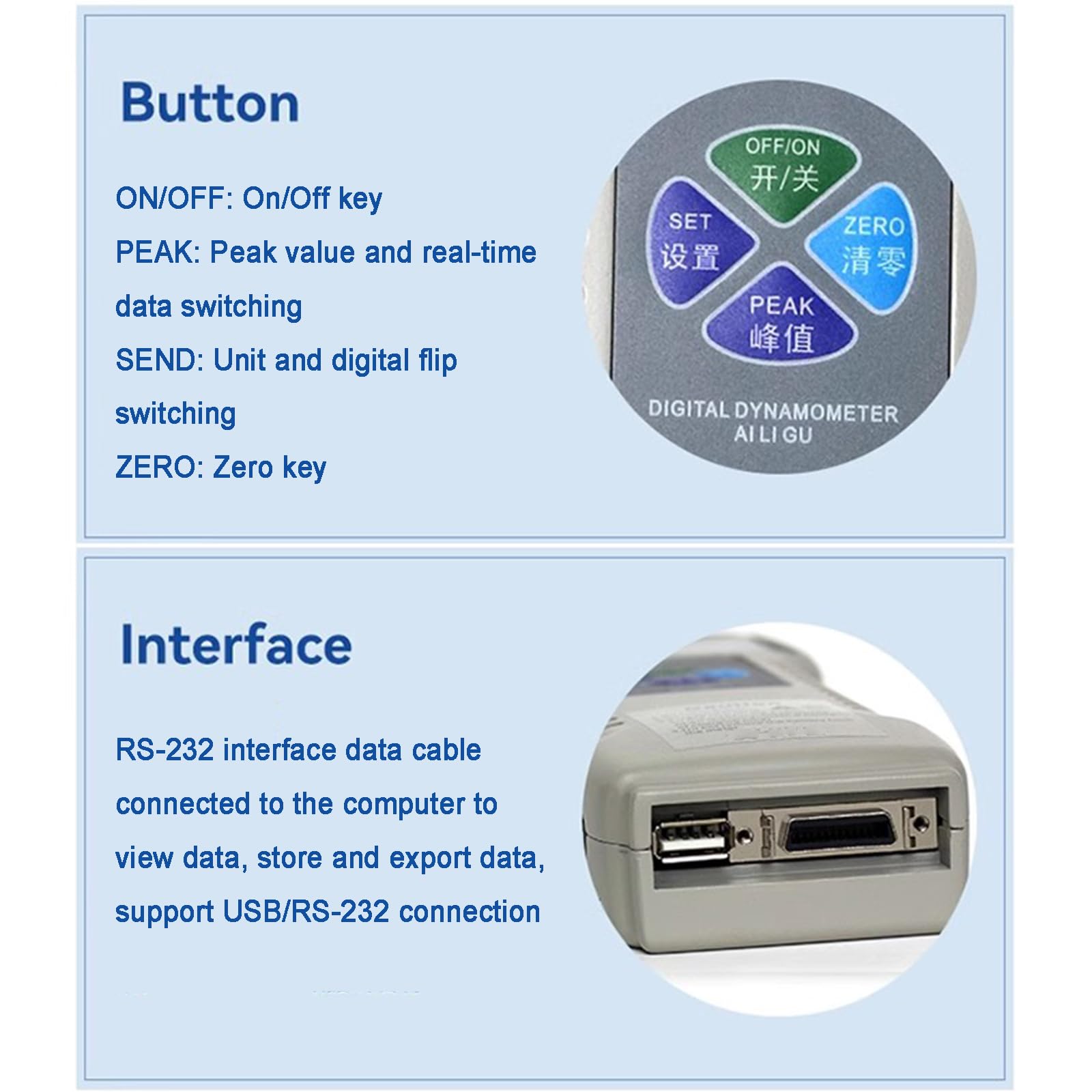 Misuratore di Forza Digitale, Misuratore Push-Pull, con Sensore di Cella di Carico Esterno, con Uscita Dati USB in Tempo Reale/Picco, Ricaricabile, Dinamometro