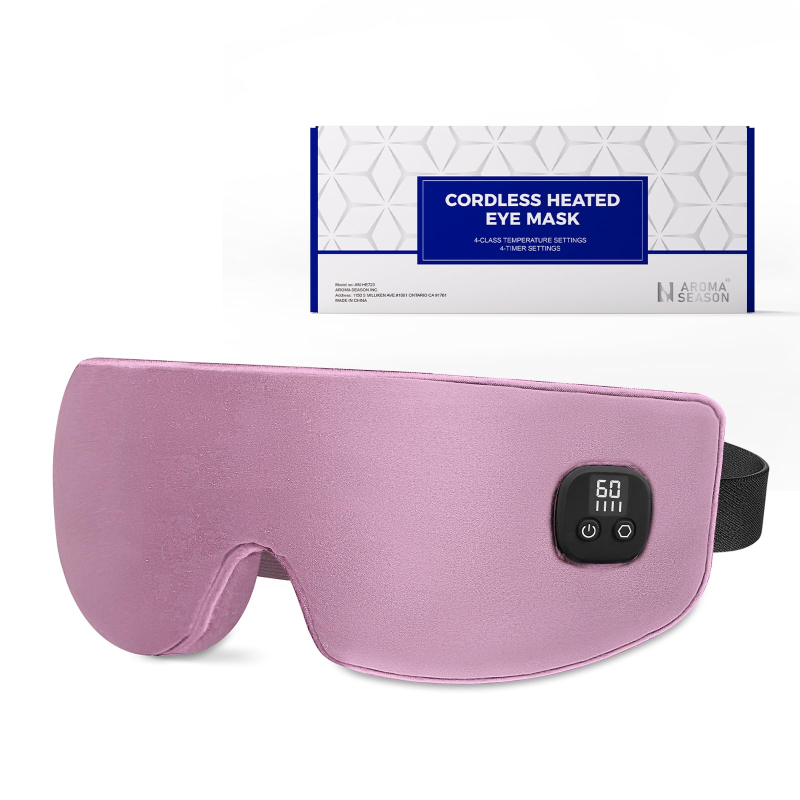 Aroma Season Silk Heated Eye Mask Cordless, 1500mAh Warm Eye Compress for Dry Eyes, Blepharitis, 4 Time Levels and 4 Temperature Settings, Washable (Light Purple Pink)