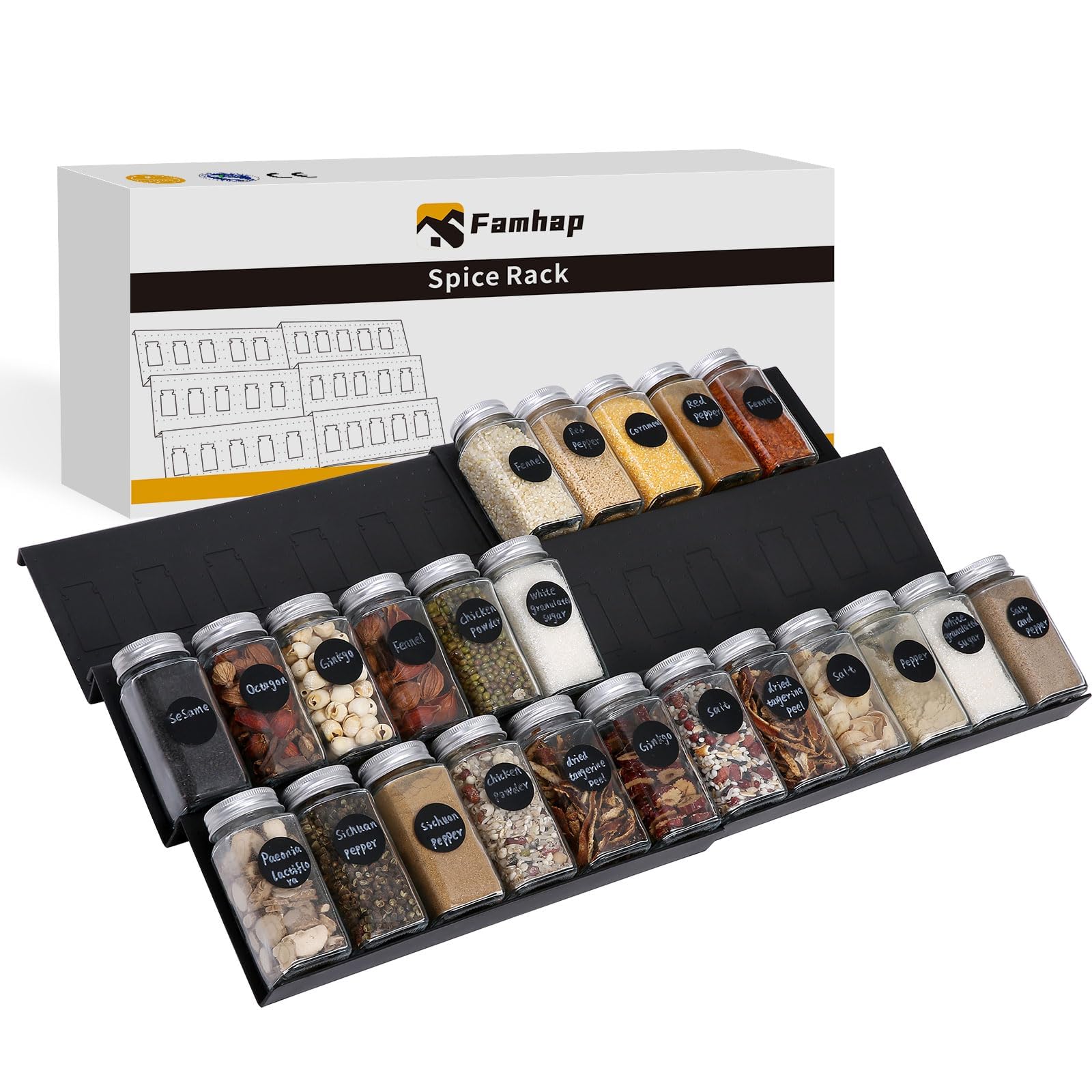 Famhap Spice Rack Drawer 6 Pieces, Spice Organiser Drawer Extendible from 30 cm to 60 cm, Spice Insert Drawer Mat Texture, Spice Holder with Non-