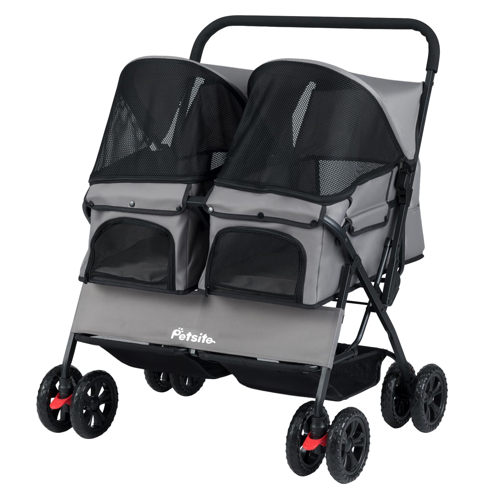 GYMAX Cochecito Doble para Perros Plegable, Cochecito Ligero para 2 Mascotas con Almacenaje y Protección Solar Ajustable, Coche para Gatos con Cinturón de Seguridad (Gris)