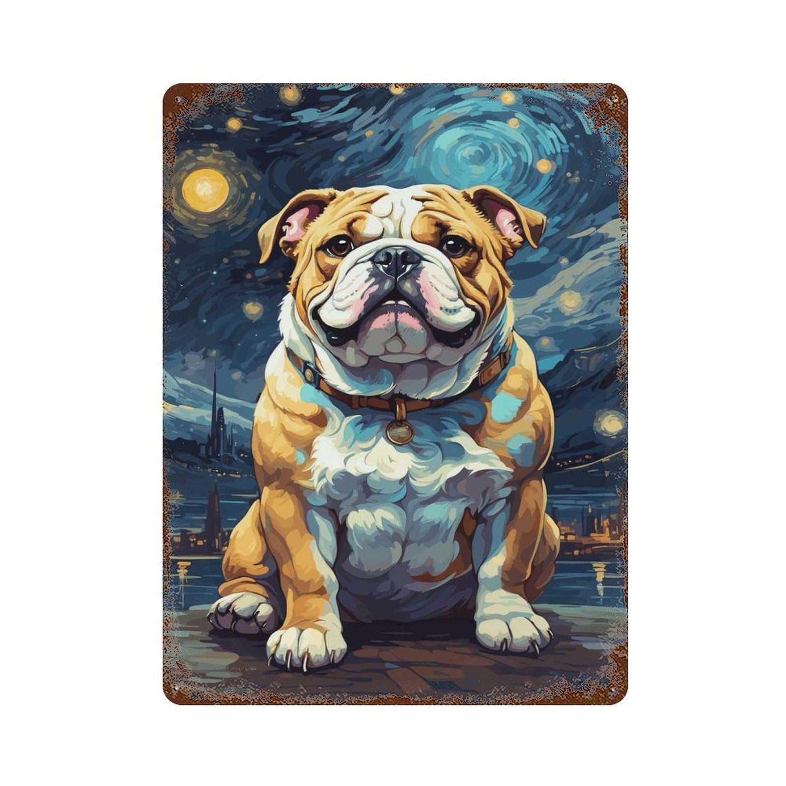 Bulldog Animals Night Sky Rustic Tin Plaque 15.7"x11.8", Ideal for Shed, Workshop And Garage Wall Decor