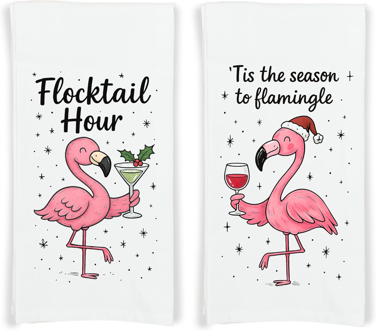 Flamingo Christmas Towels Set of 2 – Flocktail Hour & Tis The Season to Flamingle Cute Funny Holiday Christmas Kitchen or Bar Decor