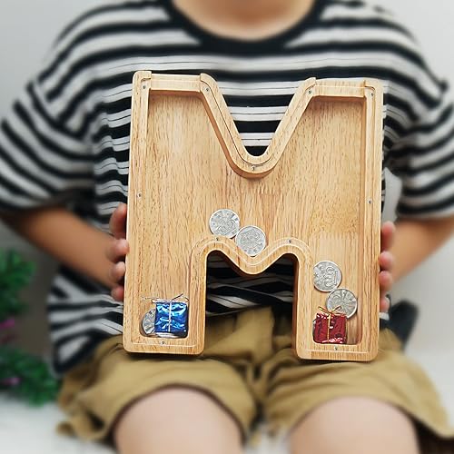 Miniatura 7 de Alcancía para niños y niñas, alcancía grande de letra de madera personalizada con diseño recortado, bancos de monedas con letras del alfabeto, caja