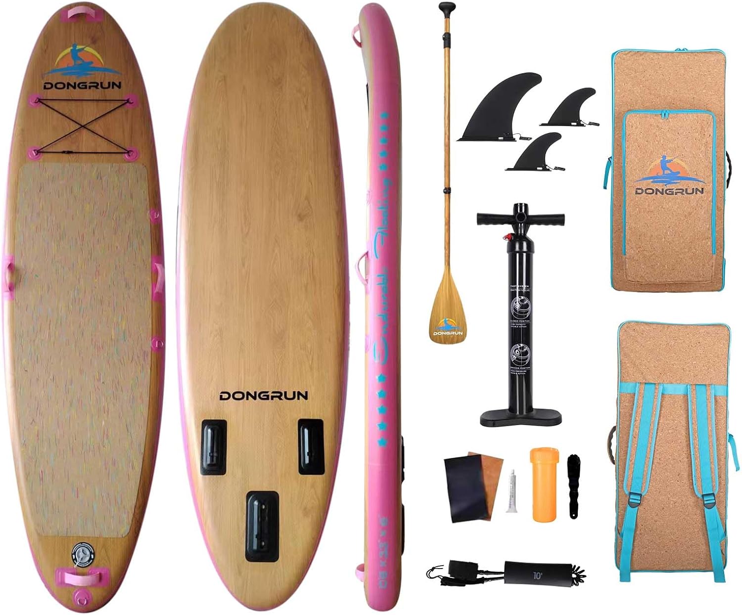 DONGRUN Premium 10'*33"*6" Inflatable Stand Up Paddle Board, Yoga Board with Durable SUP Accessories & Waterproof Oak Backpack | Non-Slip Oak Deck, Leash, Wood Grain Paddle and Pump for Youth & Adult