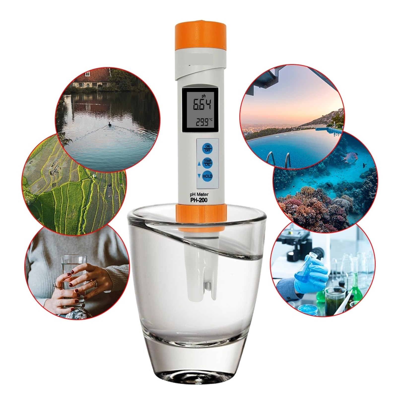 Medidor de pH de agua, Medidor de PH de PH-200 Digital COM-100 medidor de temperatura EC TDS con función de calibración automática probador de pluma de calidad del agua PH(HM COM-100)
