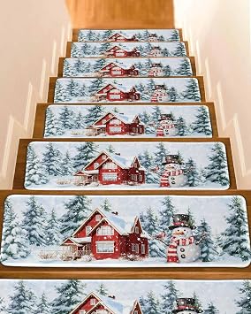 Carpet Stair Treads for Wooden Steps 4 Pack, Xmas Snowman Pine Tree Farmhouse Soft Peel and Stick Stair Treads, Winter Snowflakes Blue Ombre Non Slip Carpet Mat for Kids Elder Pet