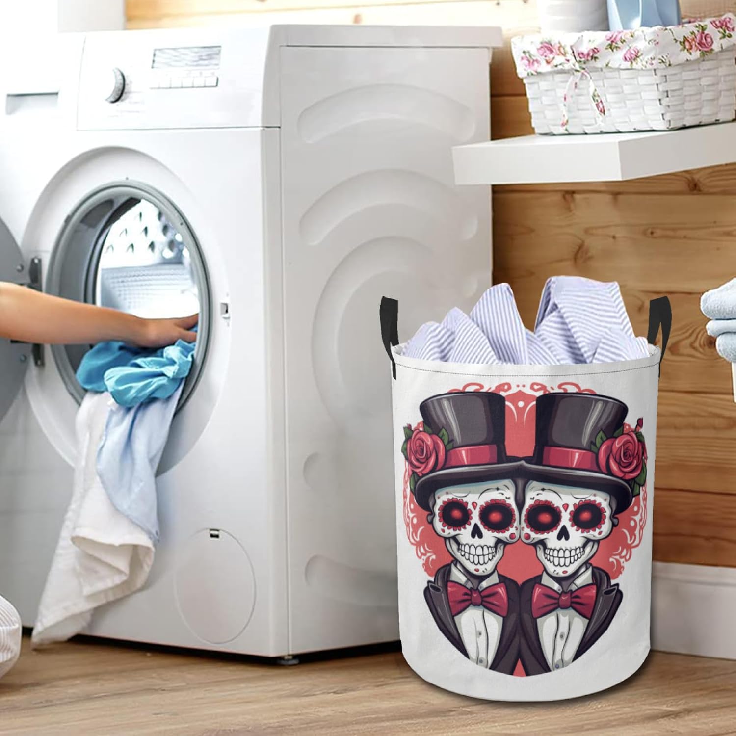 Funny Mexican Skulls Couple Waterproof Foldable Storage Bin, Dirty Clothes Laundry Basket, Canvas Organizer Basket for Laundry Hamper, Toy Bins, Gift Baskets, Bedroom, Clothes, Kids Hamper image 4
