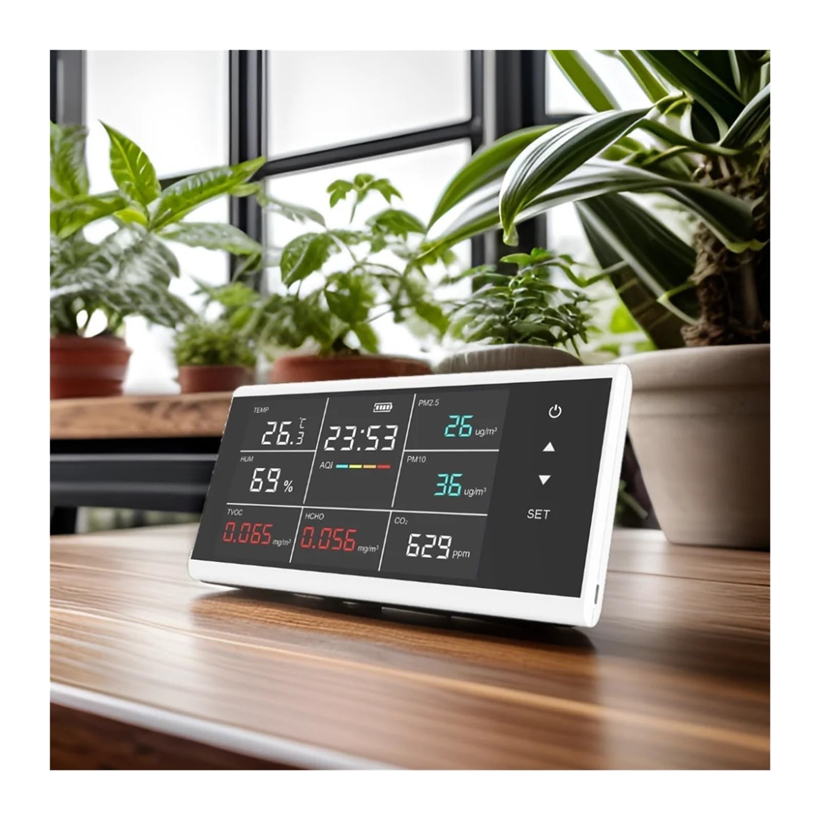 DM155C 9 in 1 Rilevatore di qualità dell'aria CO2/PM2.5/HCHO Monitor multigas da tavolo con display touch for la casa Interno/esterno