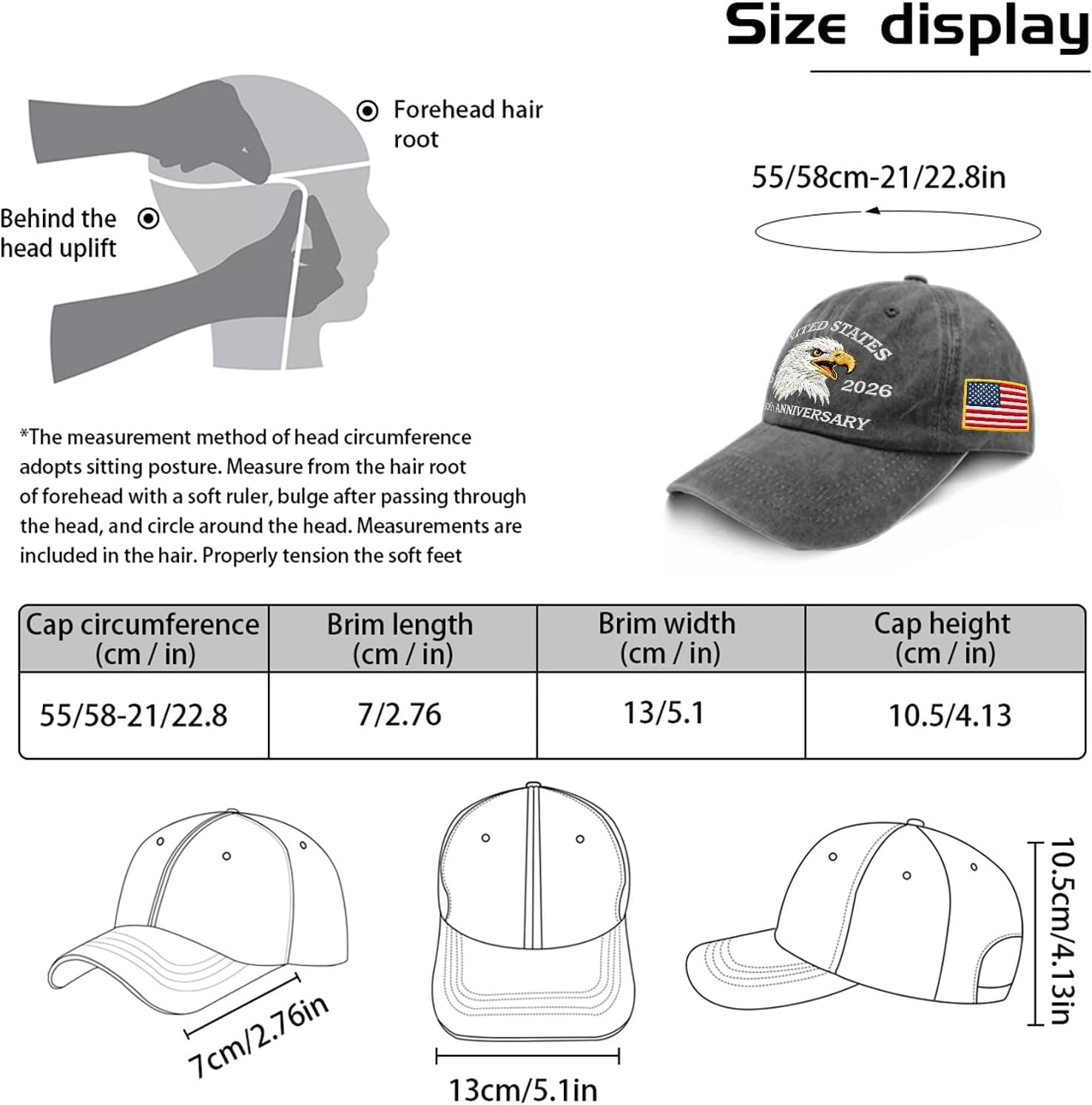US 250th Anniversary Hat 1776–2026 Baseball Cap, United States Patriotic Embroidered Cotton Dad Hat with American Flag