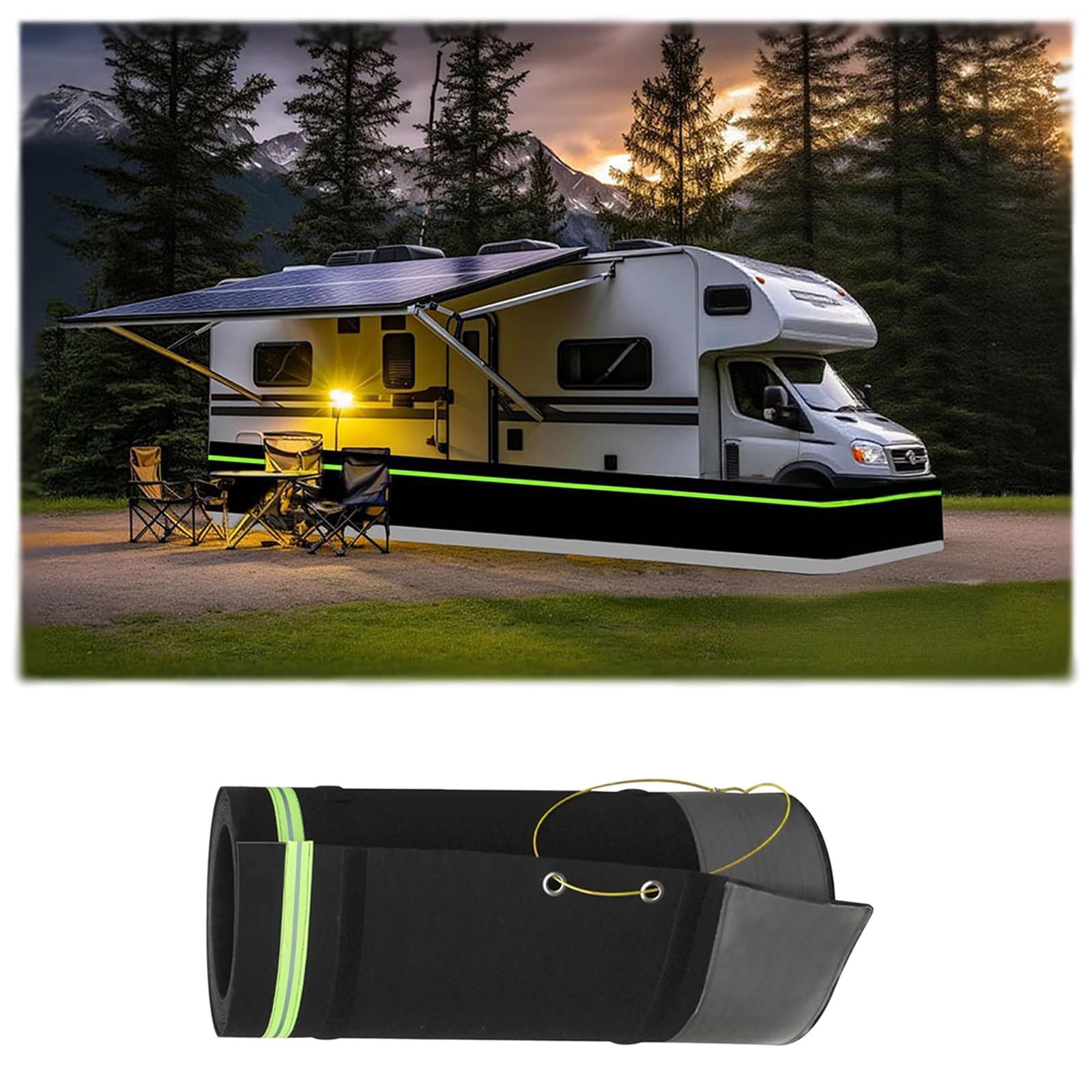Camping-car hiver pour mobil-home noir avec treillis métallique et rangement de jardin