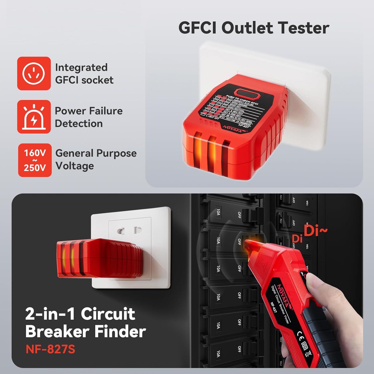 NF-827S Circuit Breaker Locator, GFCI Outlet Tester, Circuit Breaker Finder Tool, 90-120V AC Digital Circuit Finder with NCV Testing and Flashlight, Includes Carrying Case and Adapters