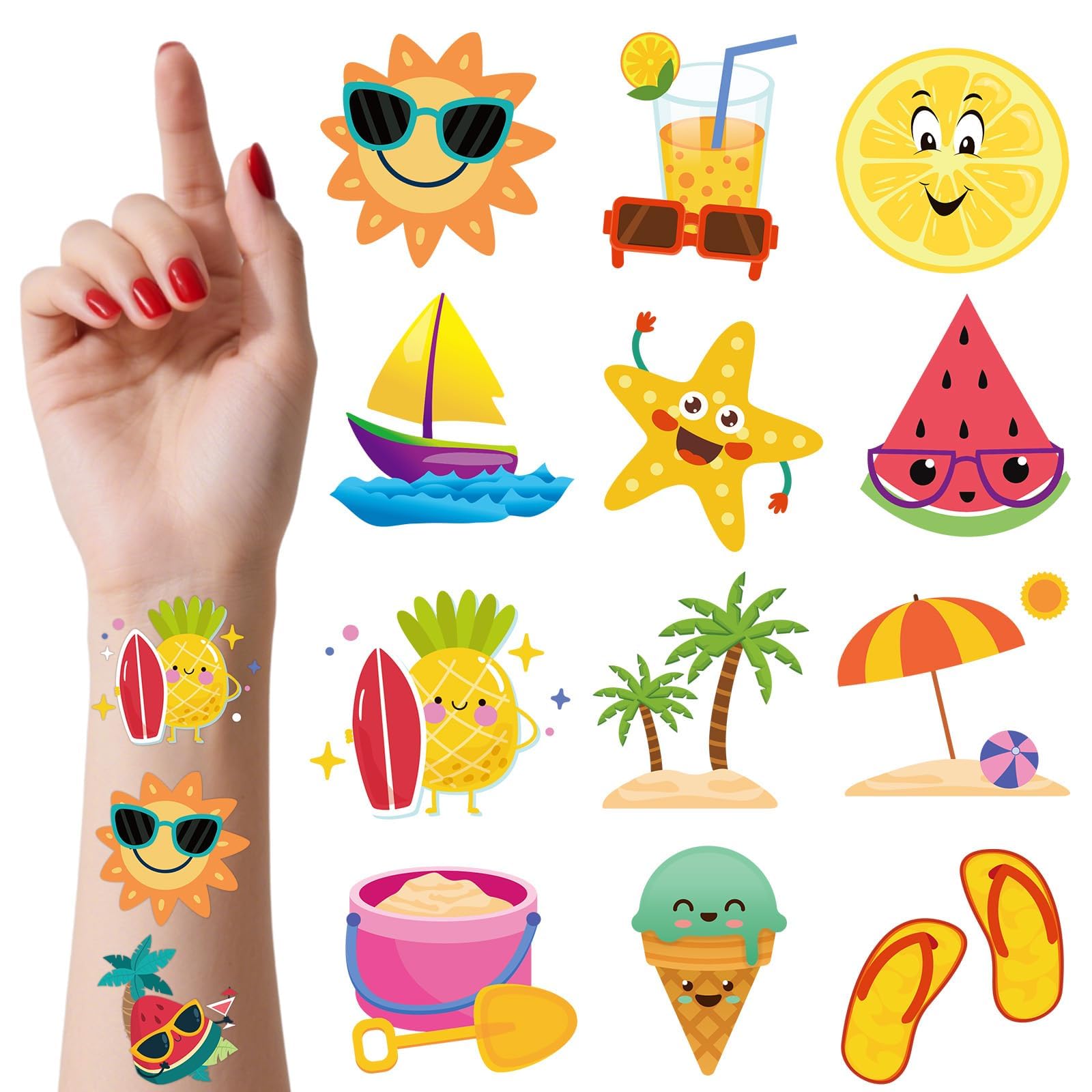 JUNEBRUSHS Summer Fruit Temporary Tattoos, 120 Pcs Hawaiian Themed Tattoos Kids Summer Beach Party Decorations Pool Toy Supply 60 Styles Safety Face