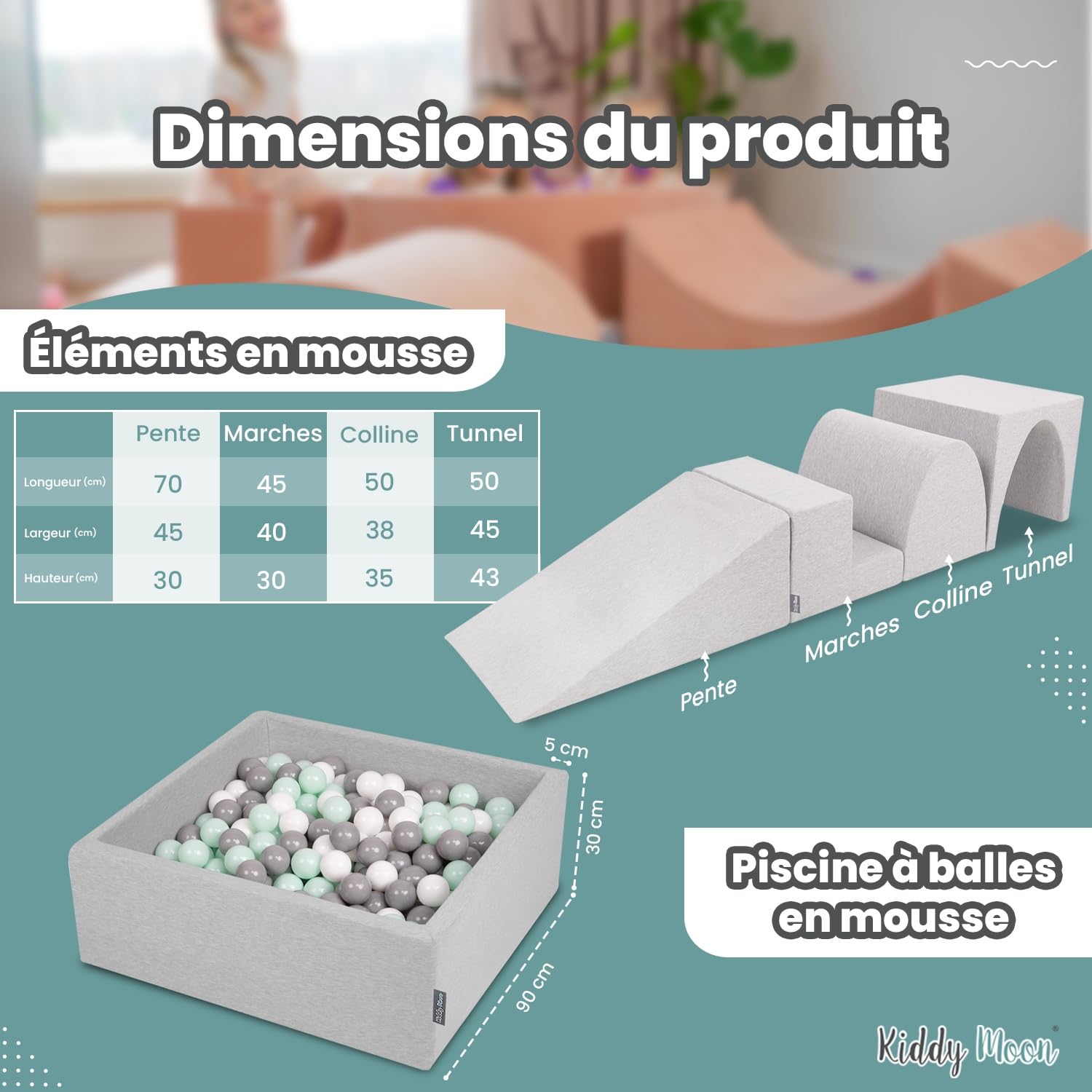KiddyMoon Aire De Jeux en Mousse avec Carré Piscine À Balles (200 Balles) pour Enfants, Gris Clair: Blanc/Gris/Menthe