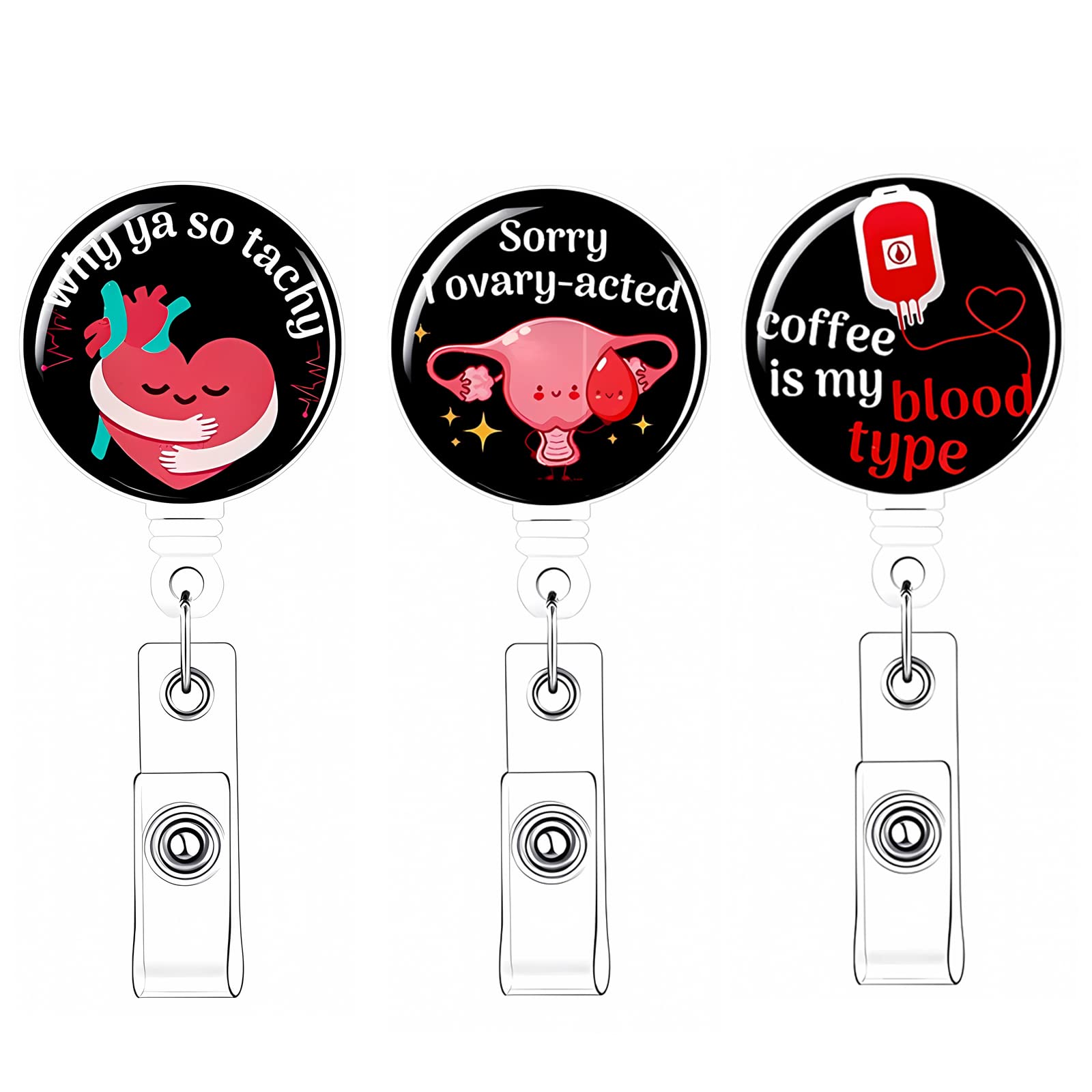 Photo 1 of Nurse Badge Reels 3 Pcs Retractable Medical Alligator Clip Nursing Name Badge Reel Cute Nurse ID Tag Badge Holder Clips Syringe Stethoscope Pattern for Nursing and School Student Doctor Gift Black 1.2inchx1.2inch