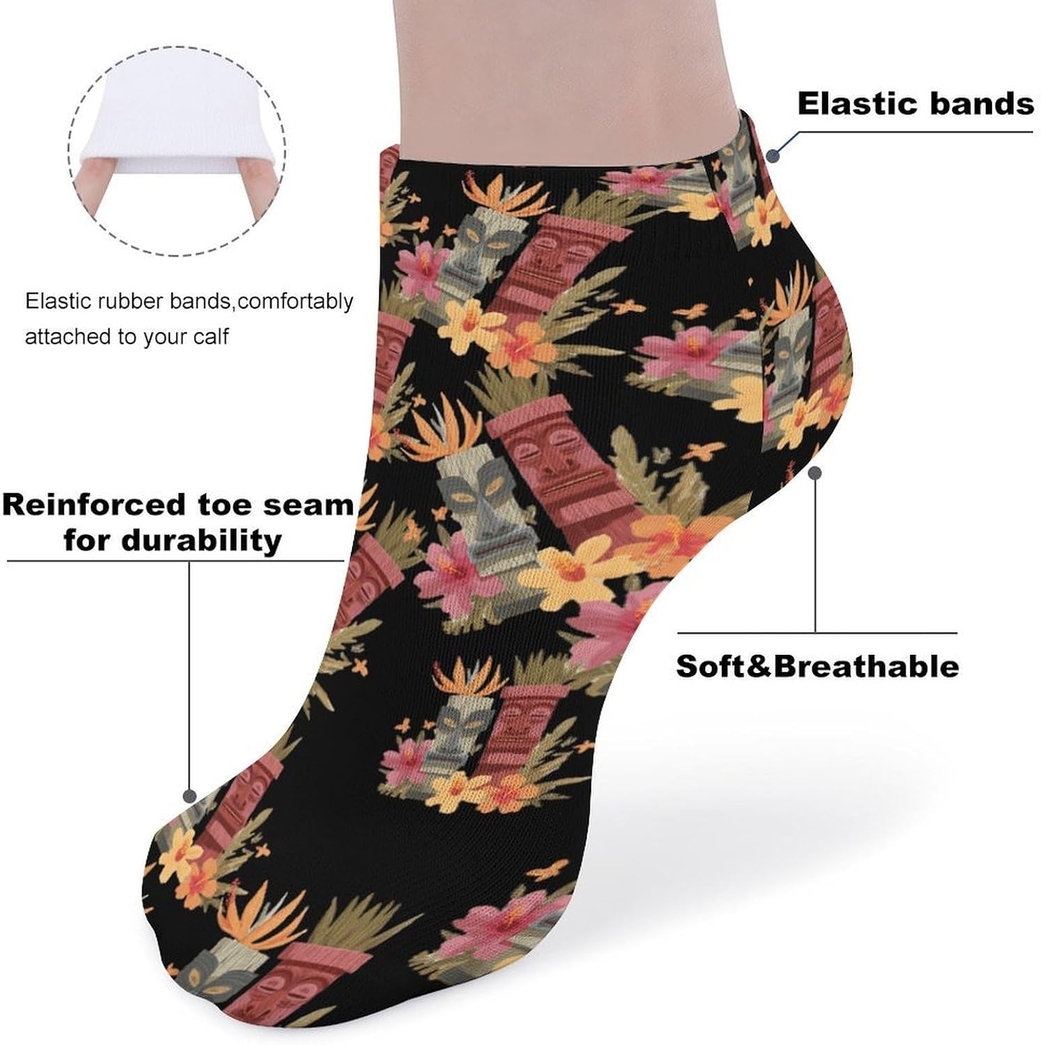 Hawaii Tiki Euclidean No Show Ankle Socks Low Cut Non Slip Flat Boat Line 5 Pairs Set