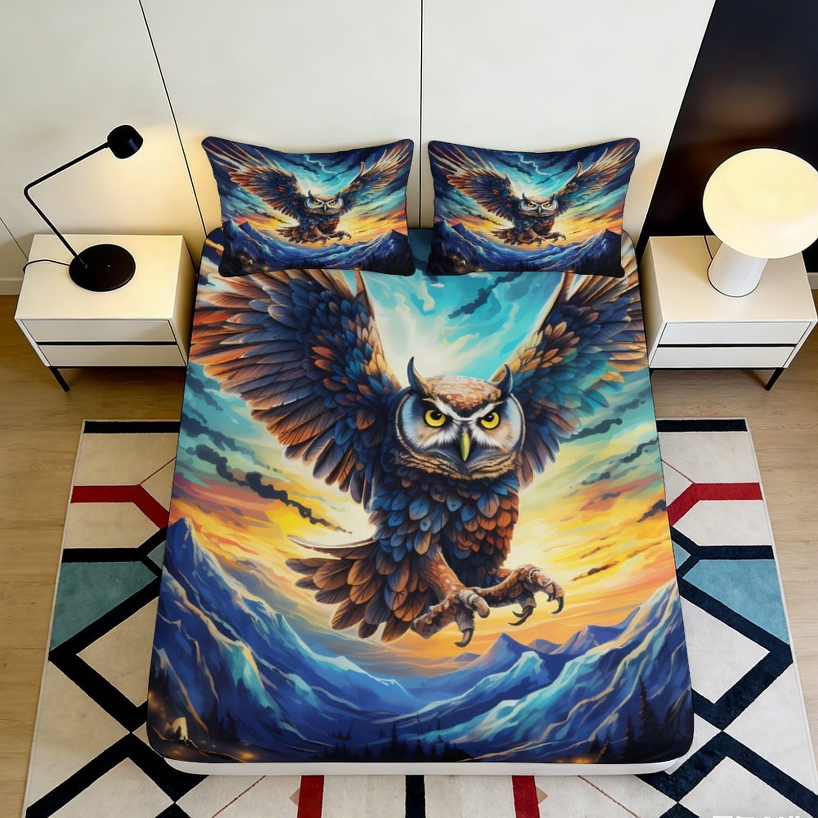 3D Printed Owl Design Fitted Sheet Microfiber Soft Breathable Sunset Sky Bed Cover for Bedroom Dormitory Guest Room Mattress Protection 120x200x25cm