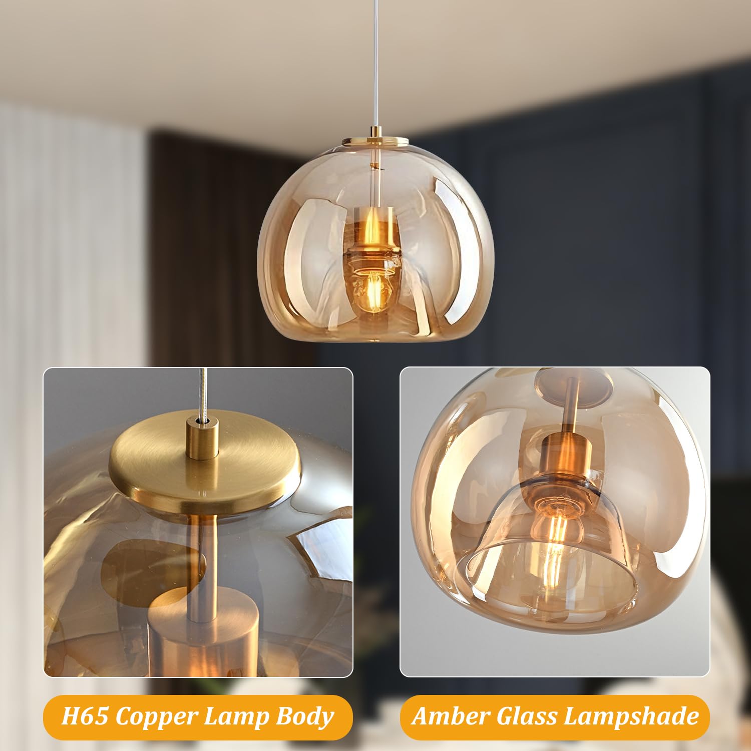 Lustre moderne en verre gris fumé/ambre, luminaires de 9 pouces en fer Art Pedant, éclairage suspendu réglable en hauteur pour chambre à coucher, cuisine, îlot, salle à manger, salon, salle d'expositi