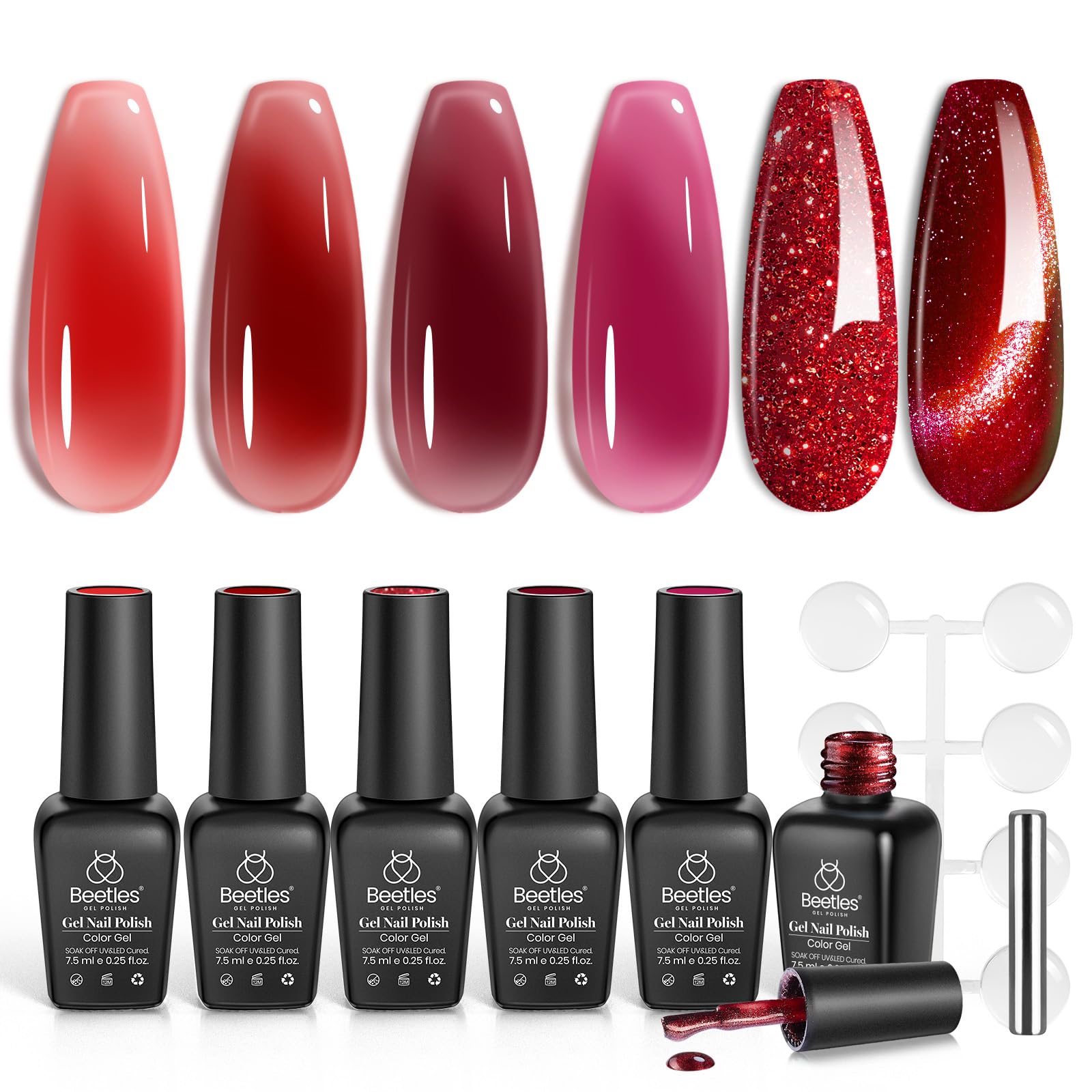 Beetles Red Gel Nail Polish Set, Winter Gel Polish 6 Colors Cat Eye Glitter Burgundy Bright Jelly with Magnet, Soak Off LED Lamp DIY Salon at Home Manicure Gifts for Women Red Revival