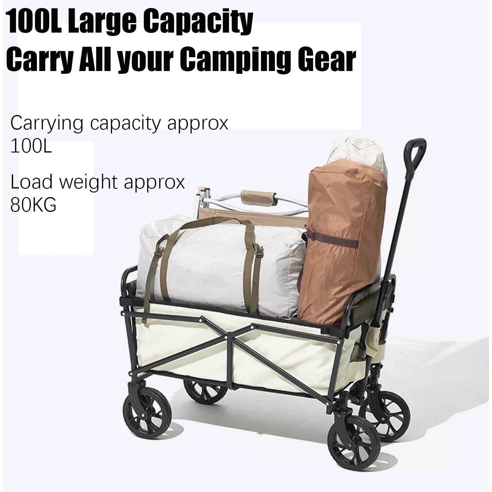 Carrello multiuso su ruote, grande capacità di 100 l, peso di carico 80 kg, carrello per tutti i terreni per shopping, picnic all'aperto, giardino con manico regolabile e borsa di copertura