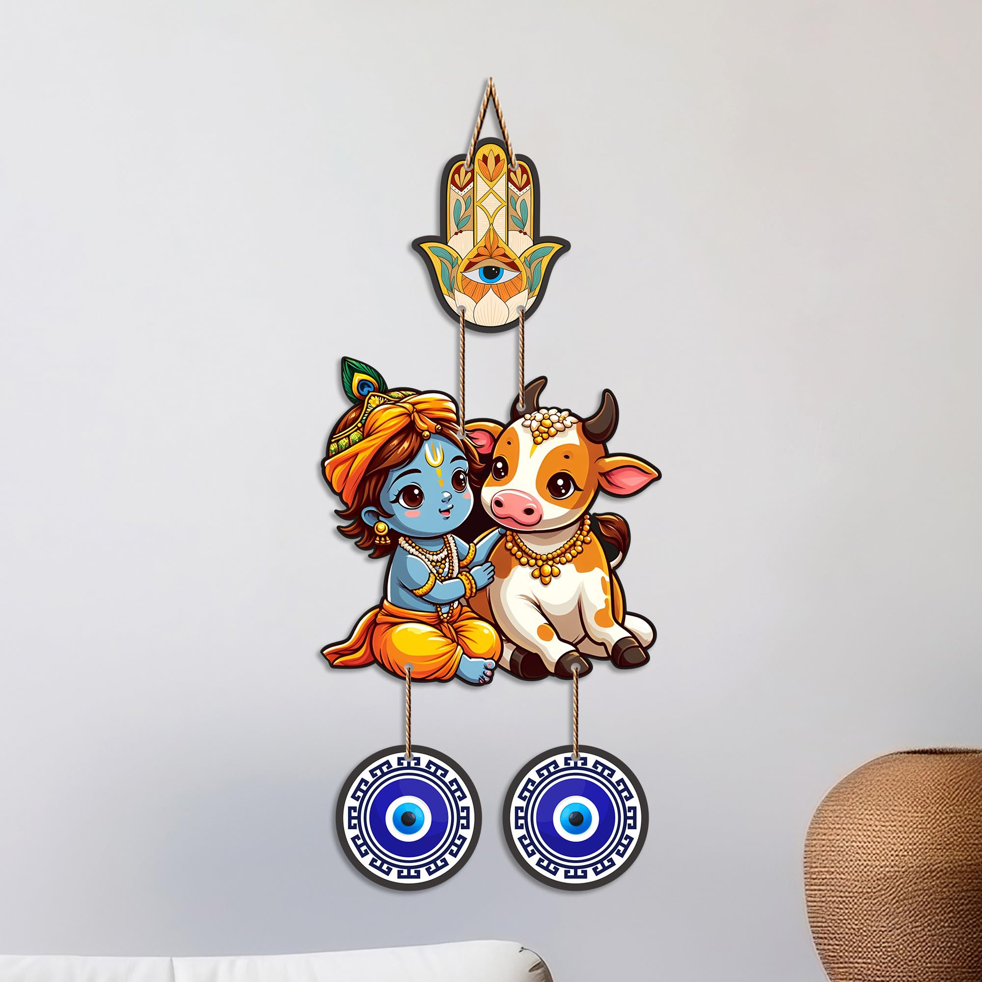 Artvibes Gopal Krishna with Cow Evil Eye Wall Decor for Home Office | Nazar Suraksha Hanging for Entrance Living Room | Bedroom | Temple | Spiritual Good Luck Gift Item (WH_8575N)-image-34