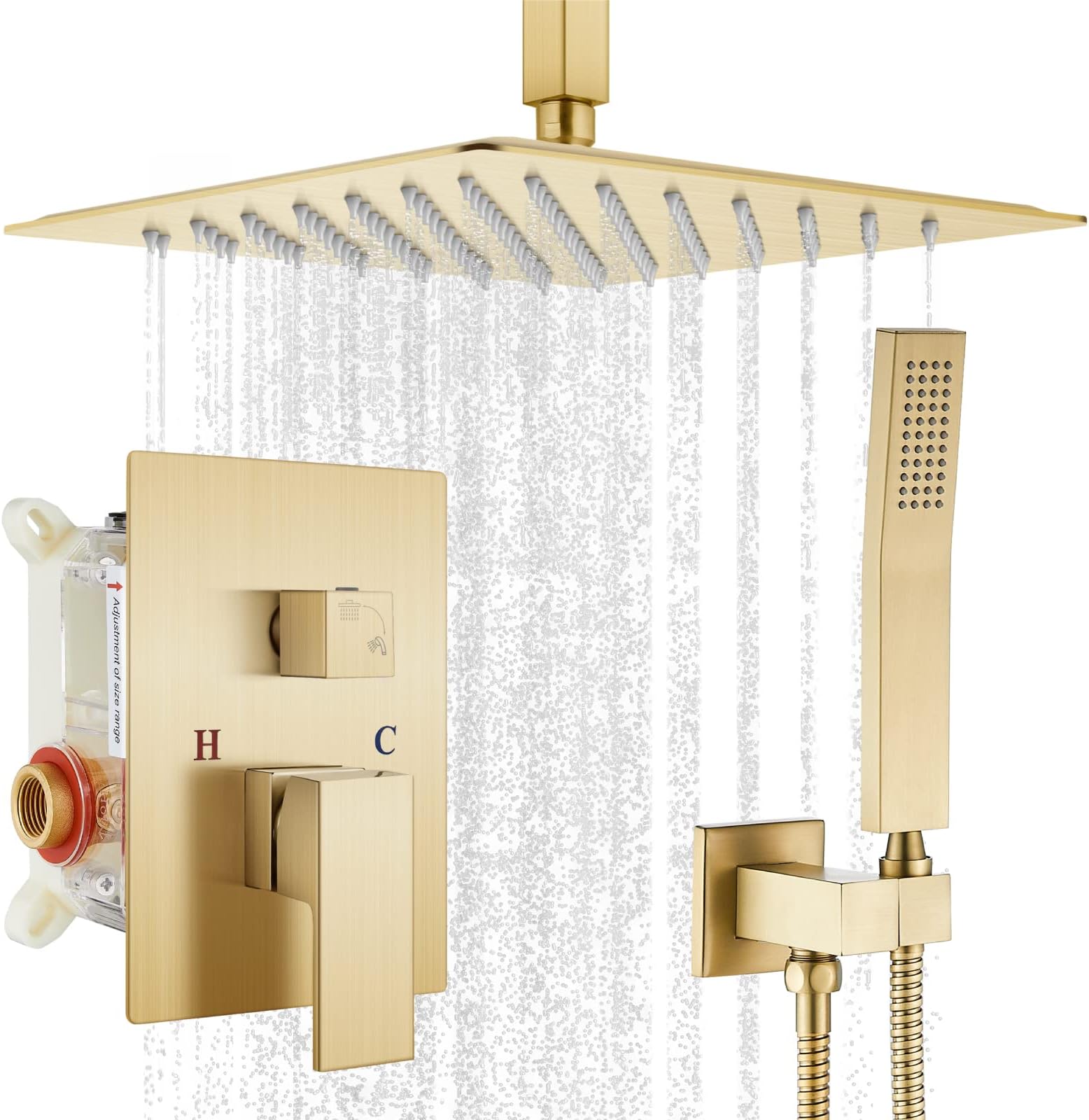 gotonovo Brushed Gold Ceiling Mount Rainfall Shower System with 12 inch Square Shower Head with Handheld shower and Pressure Balance Shower Valve Kit Luxury Rain Mixer Shower Combo Set Bathroom