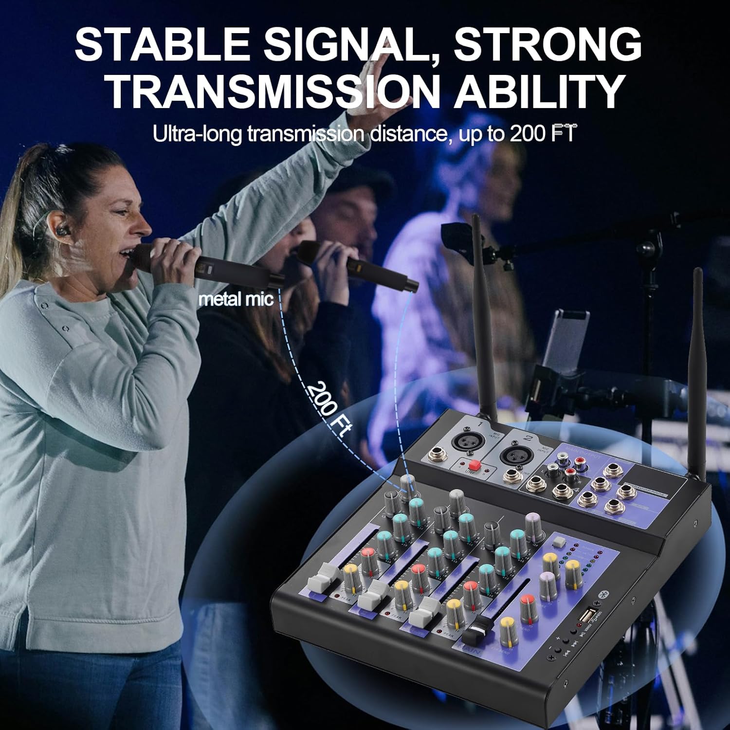 Professional Audio Mixer with Dual Wireless Mic, 4 Channel Mixer Board Sound Board DJ Mixer Console System MP3 Bluetooth 48V Phantom Power USB Interface for Home Karaoke Party