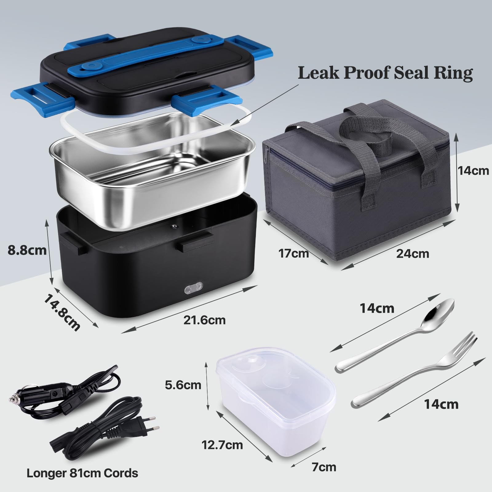 Fiambrera Eléctrica 100W Acero Inoxidable 1,8 L Taper Electrico para Comida 12V/24V/230V, Calentador de Comida para Coche/Camión/Oficina, bolsa comida Trabajo(1.8L-Azul)