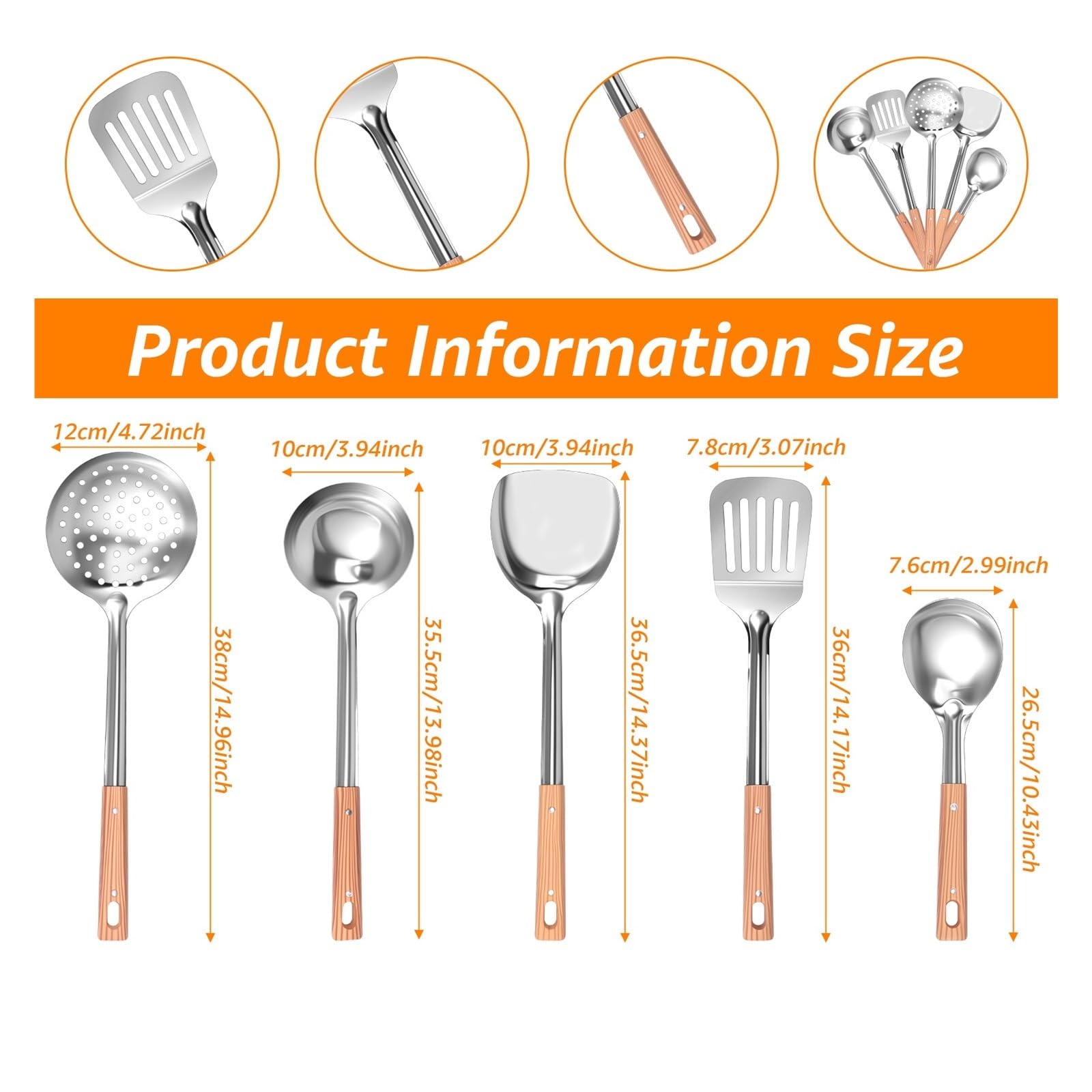 Juego de utensilios cocina acero inoxidable 5 piezas: espátula, pala y cuchara for antiadherentes(Silver 10pcs)