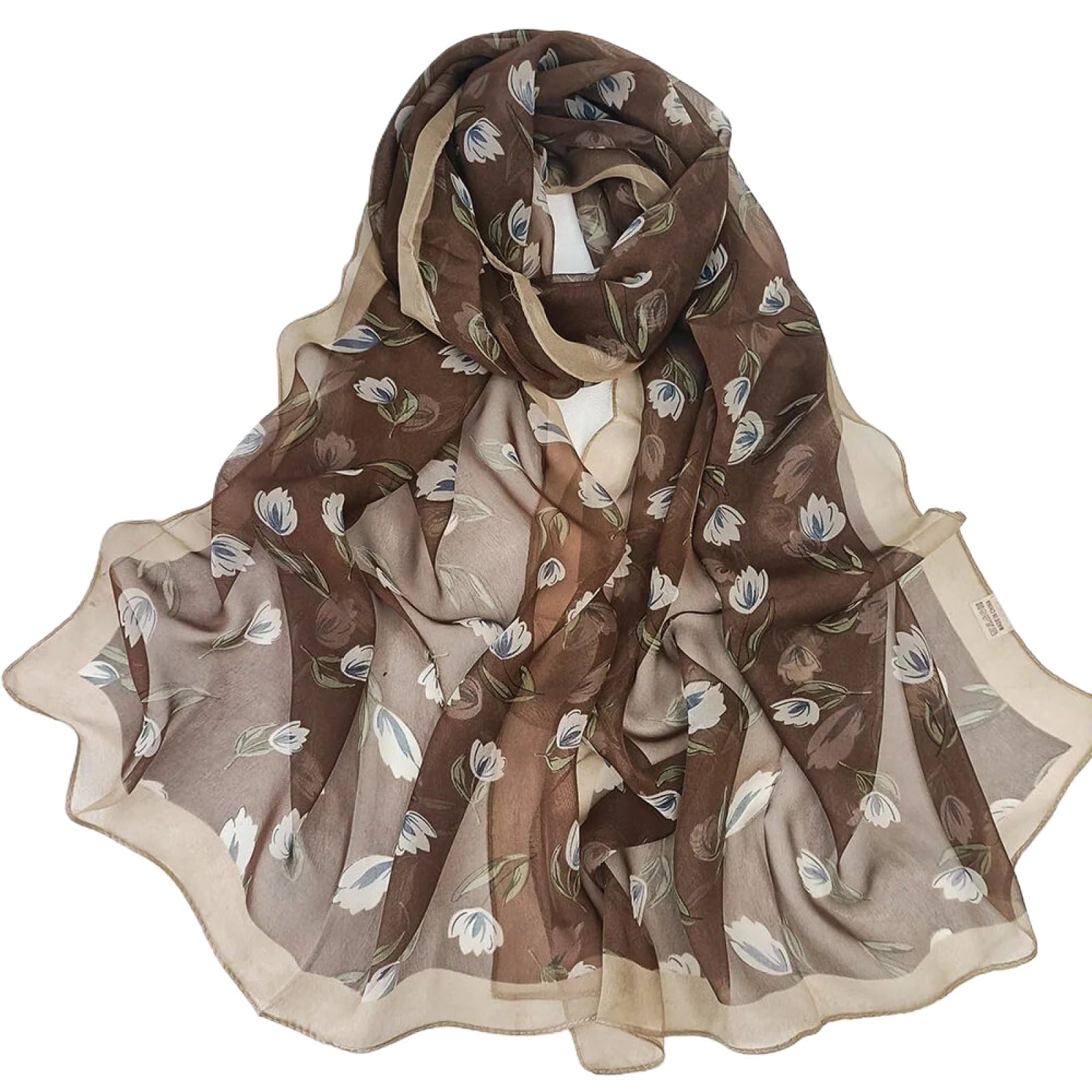 Miatcenrt Women's Coffee Floral Print Chiffon Scarf - Magnolia Flower Print Elegant Chiffon Georgette Bandana Scarf, Beach Sunscreen Thin Hijab Headband Shawl For Spring Summer,,50 * 160Cm