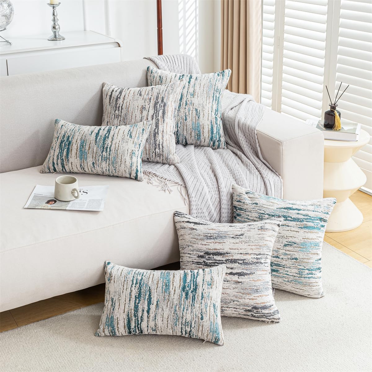 Lumbar Pillow Covers 12x20 Inch Set of 2 - Chenille & Jacquard Textured Cushion Covers with Abstract Striped Design - Modern Coastal Decor in Cream Beige & Teal Ombre