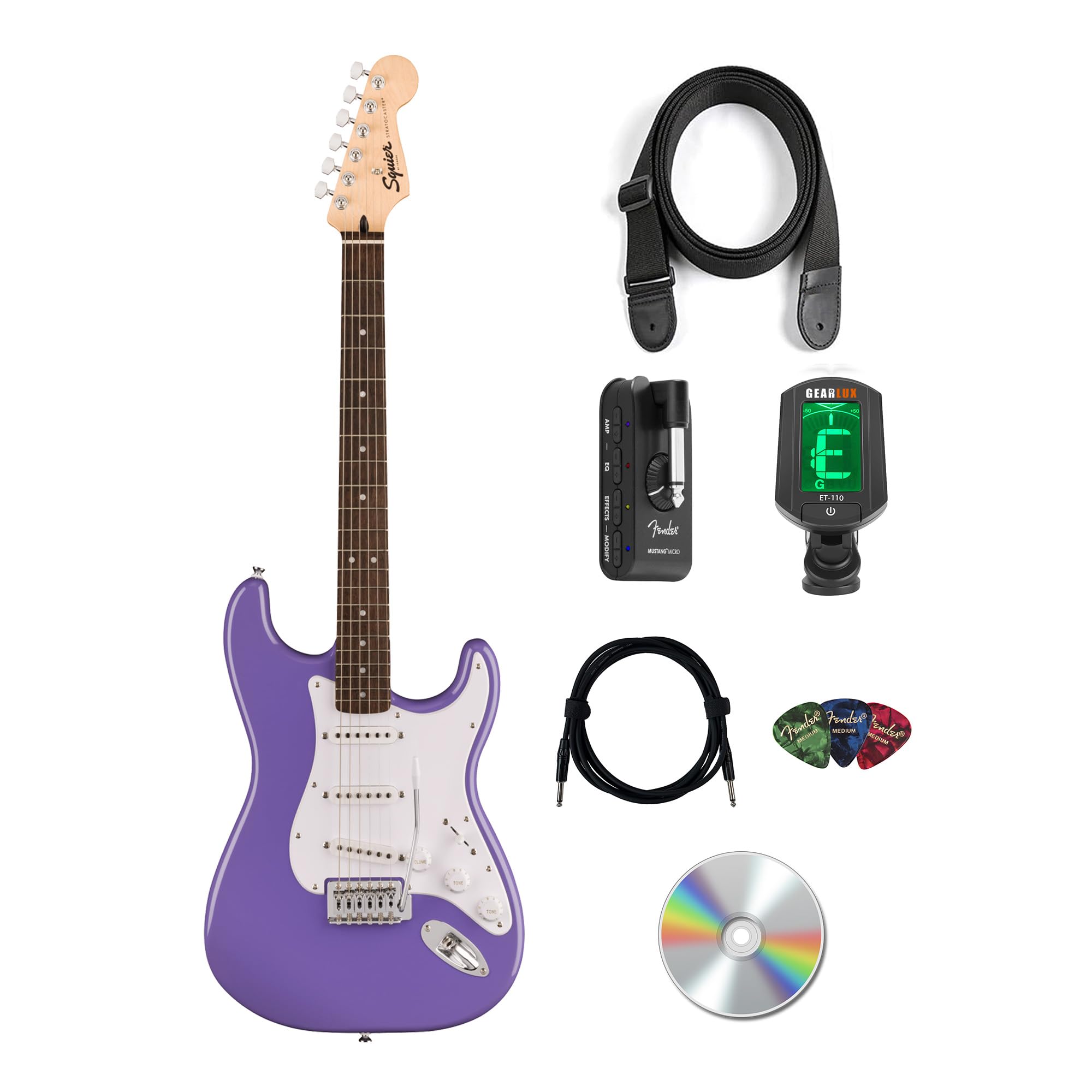 Fender Squier Sonic Stratocaster - Ultraviolet Bundle with Mustang Micro Headphone Amplifier, Instrument Cable, Tuner, Strap, Picks, and Austin Bazaar Instructional DVD
