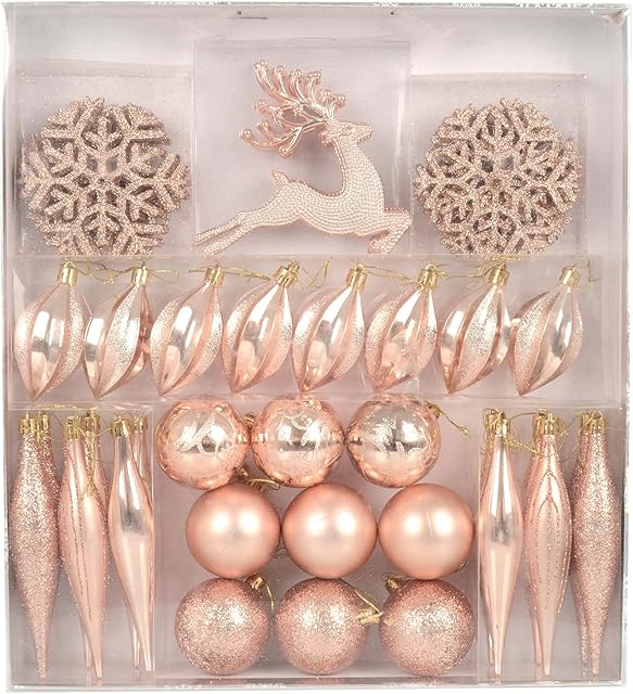 Mr Crimbo Pack of 45 Christmas Tree Ornaments Baubles Xmas Decorations - Rose Gold